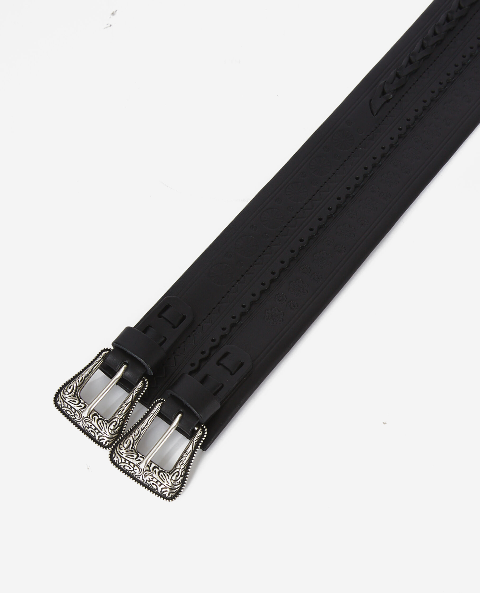 Wide black leather belt with double buckle BLACK