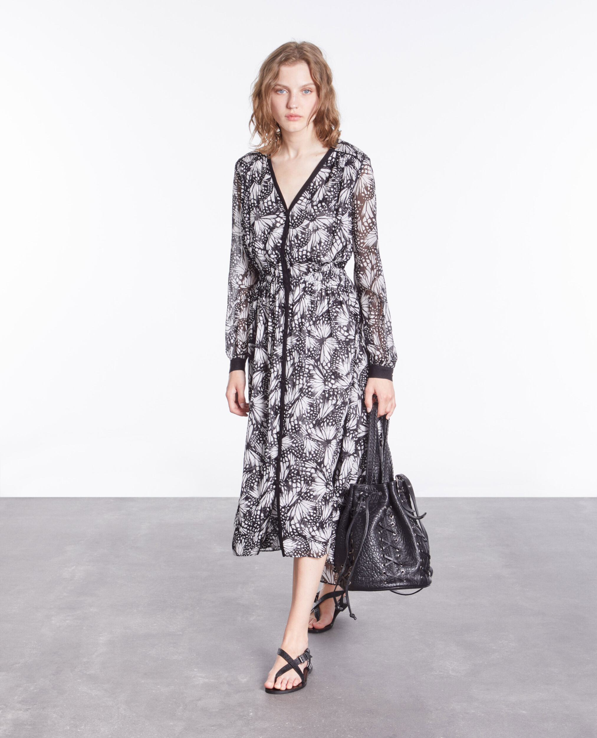 Long printed dress with buttoning BLACK WHITE