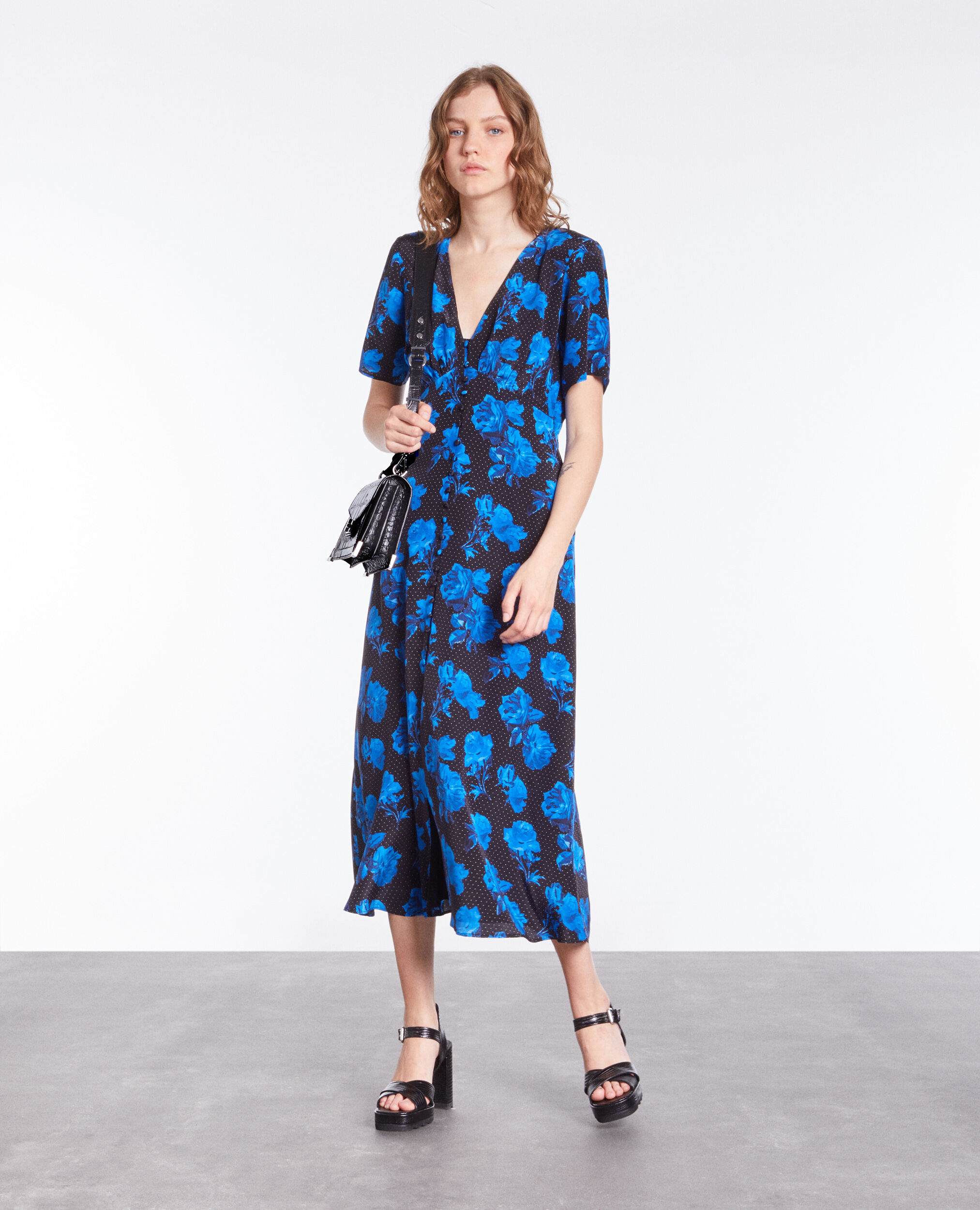 Long printed silk dress with buttoning BLACK BLUE