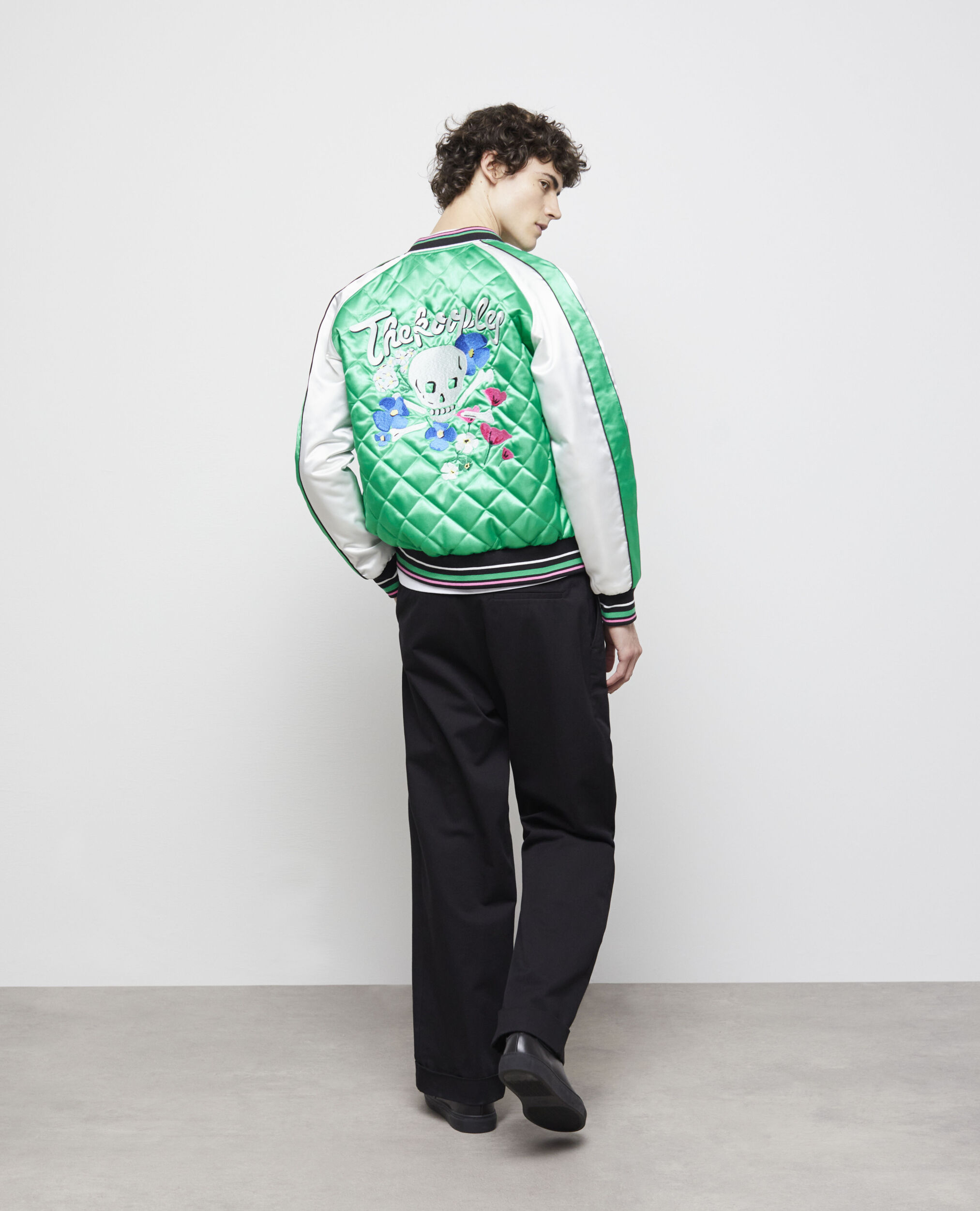 Two-tone satin teddy jacket with embroidery GREEN-WHITE