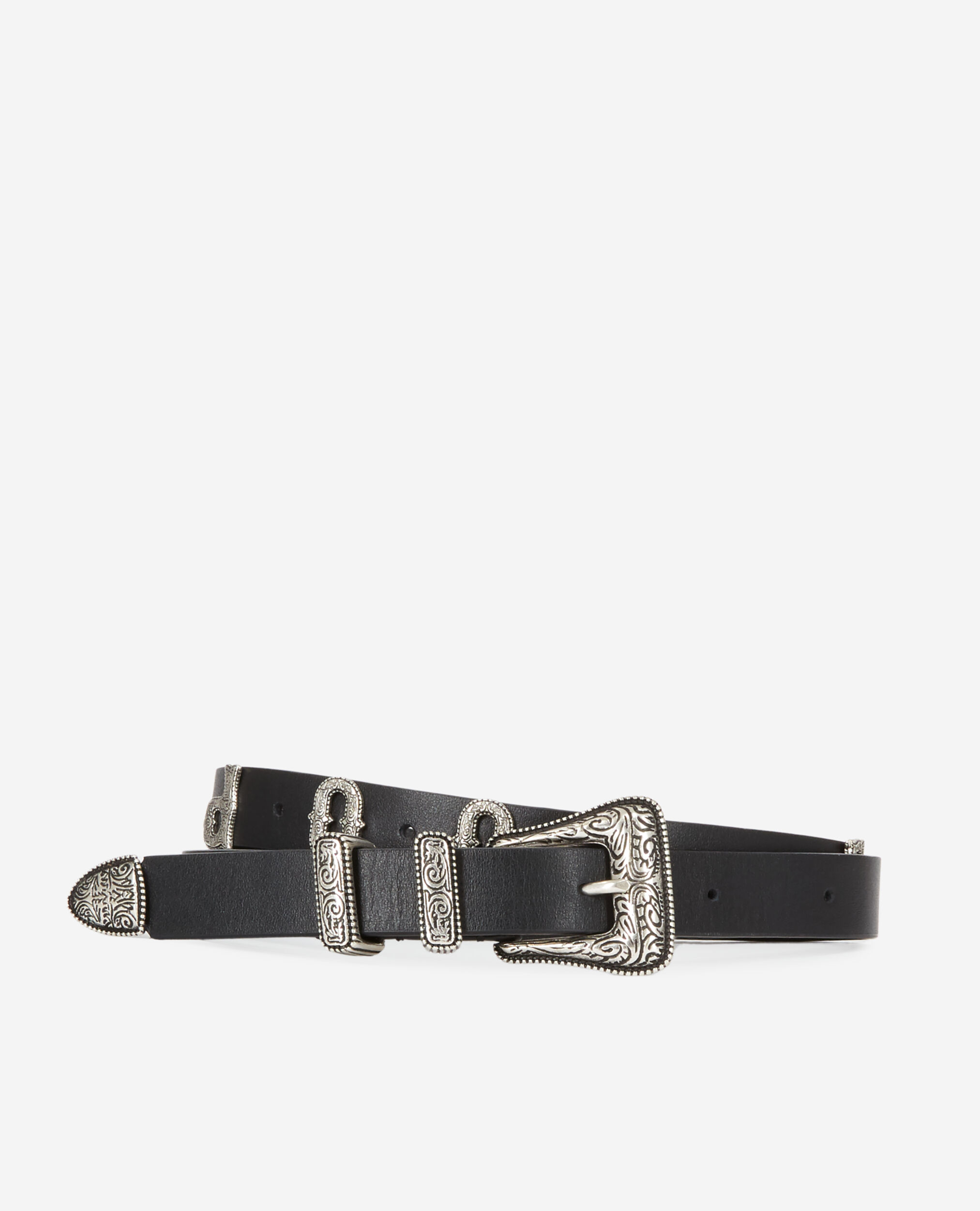 Thin black belt with logo and Western-style buckle BLACK