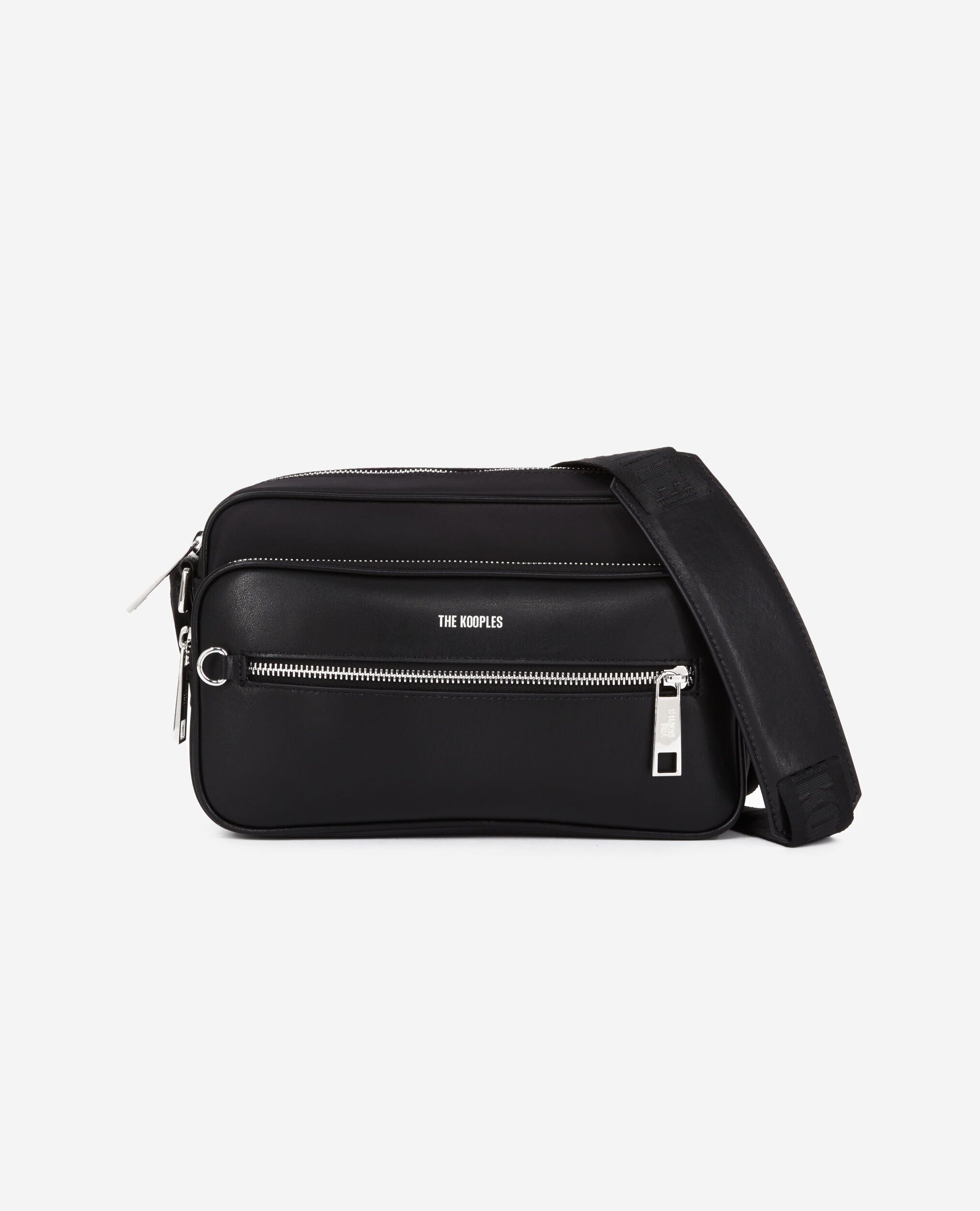 Messenger bag in black leather and nylon fiber BLACK