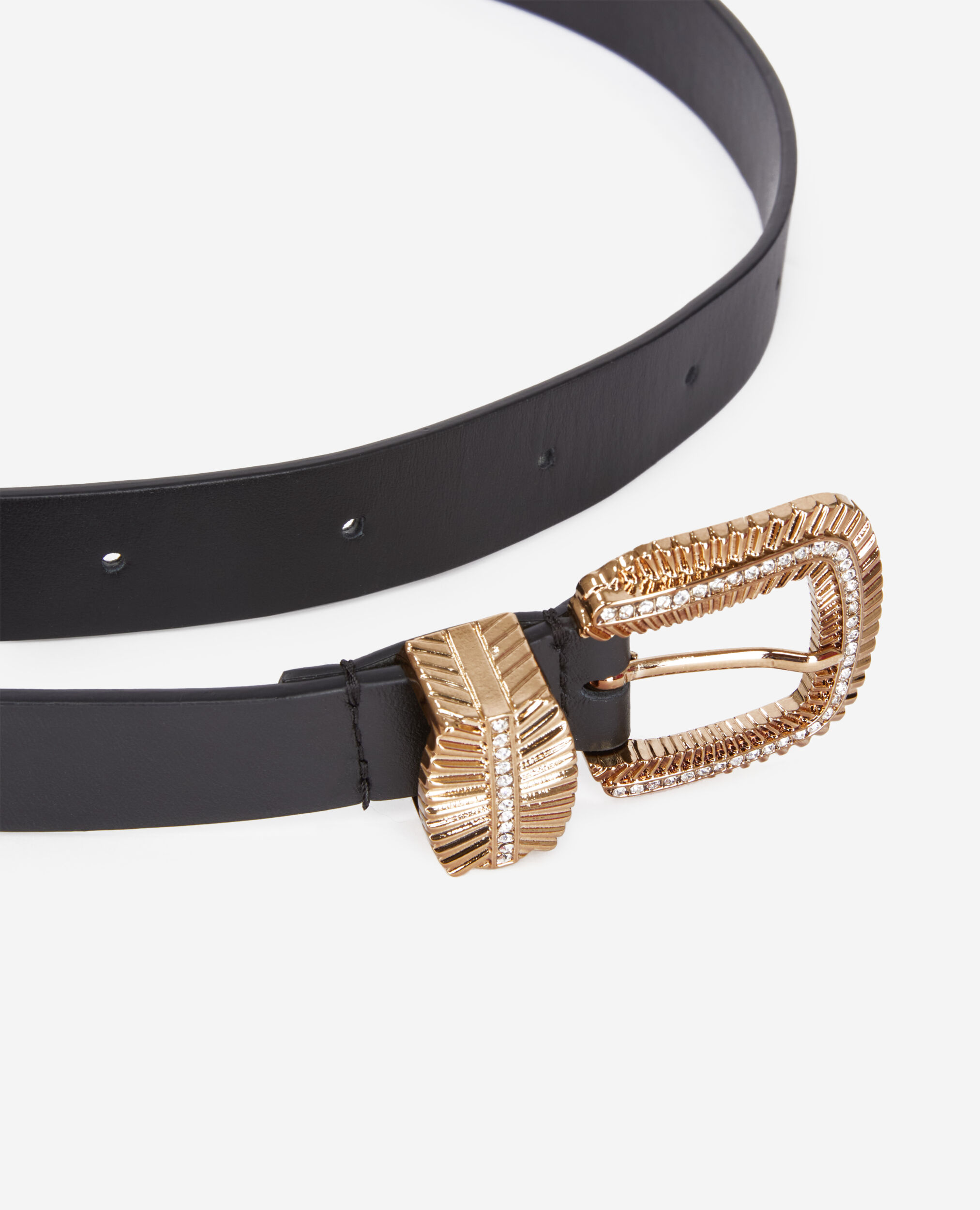 Black leather belt with streaked buckle and rhinestones BLACK