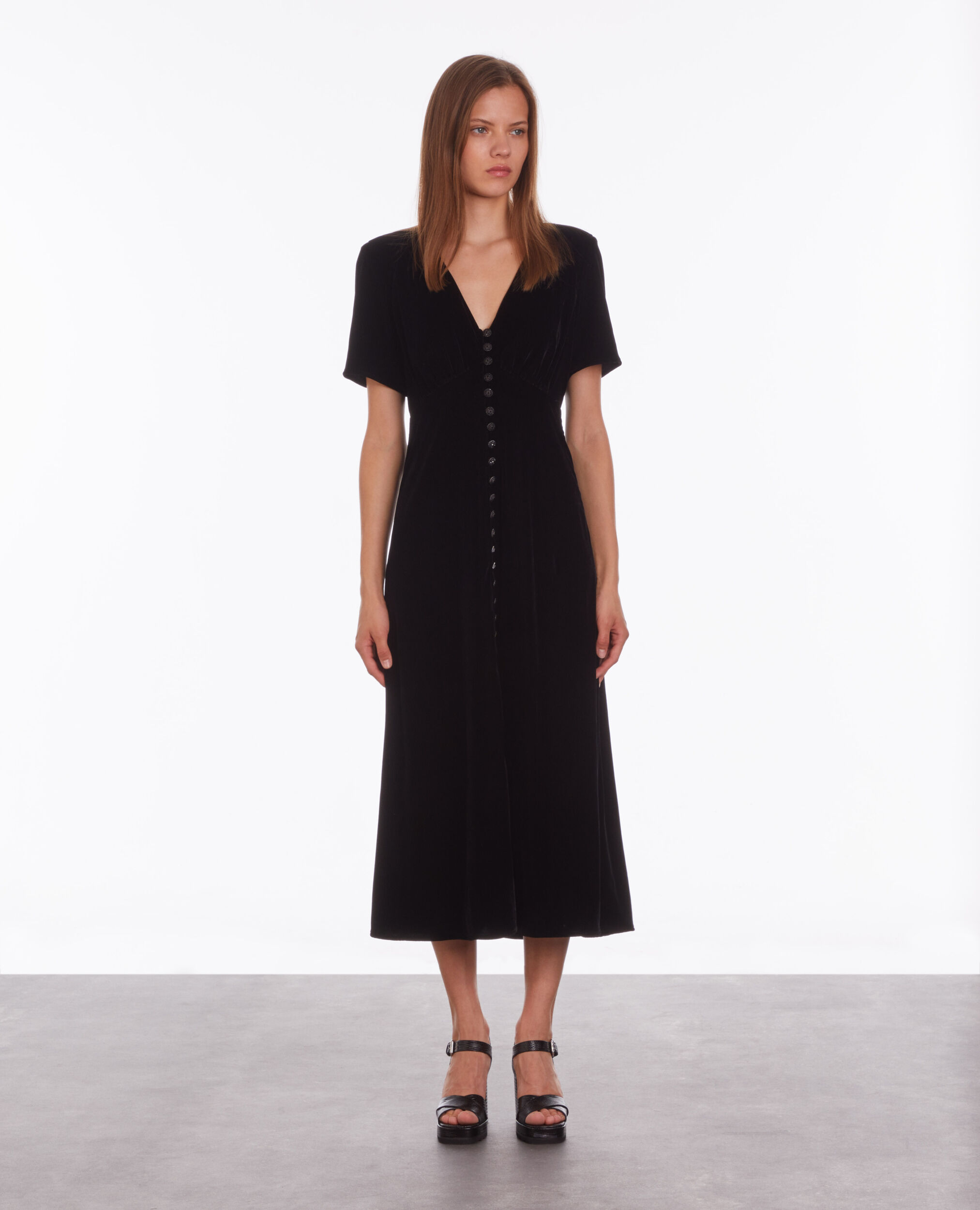 Long black velvet dress with buttoning BLACK