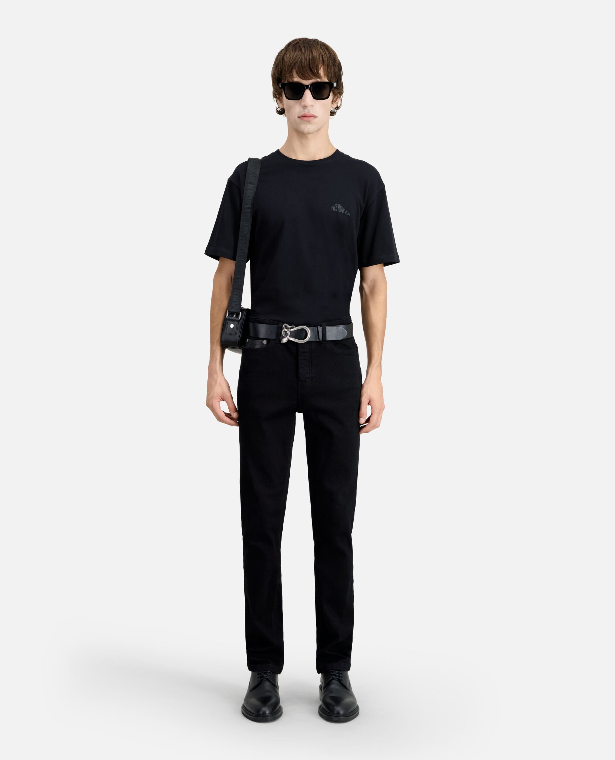Slim black jeans with leather pocket BLACK