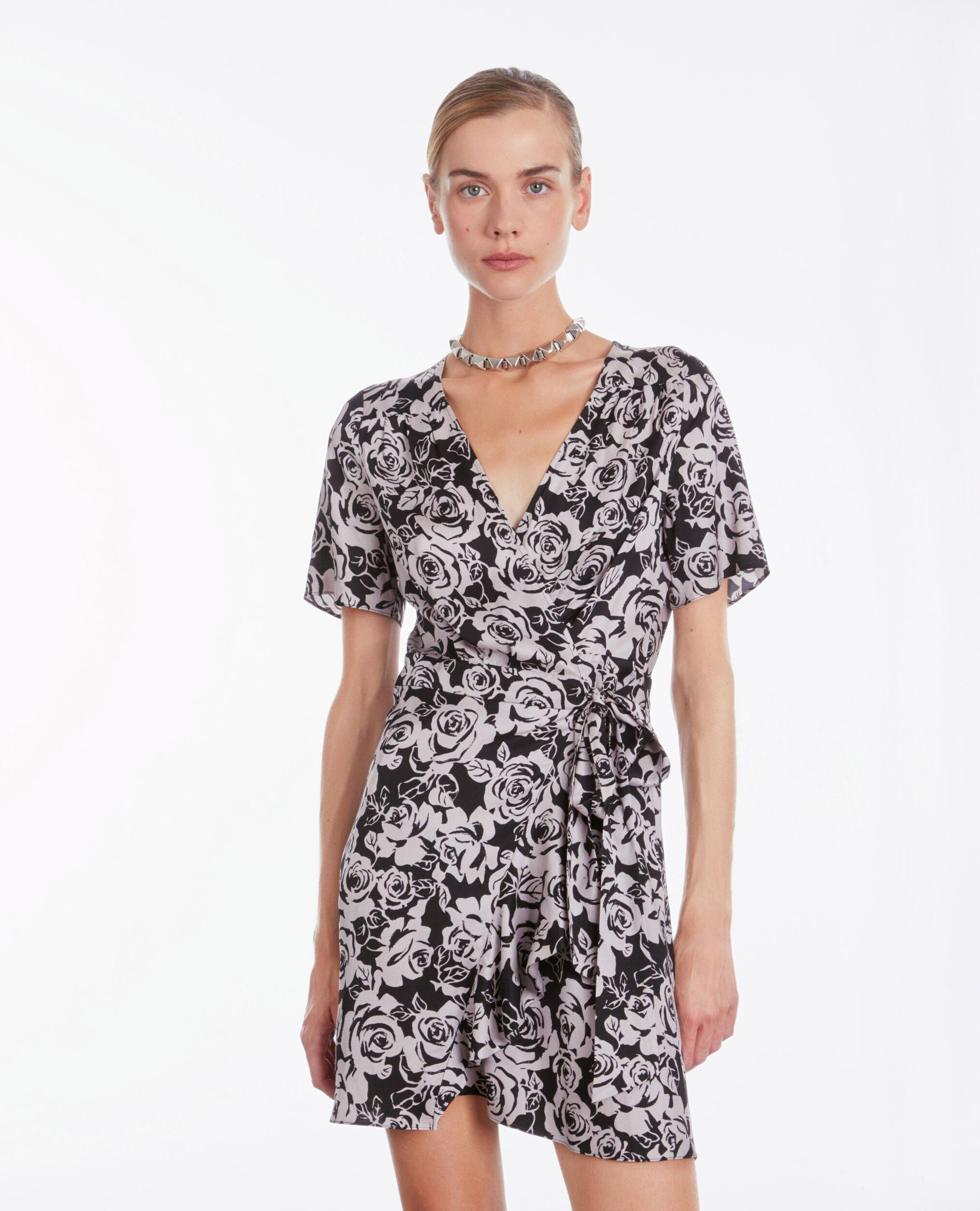 Short printed wrap dress BLACK / PINK