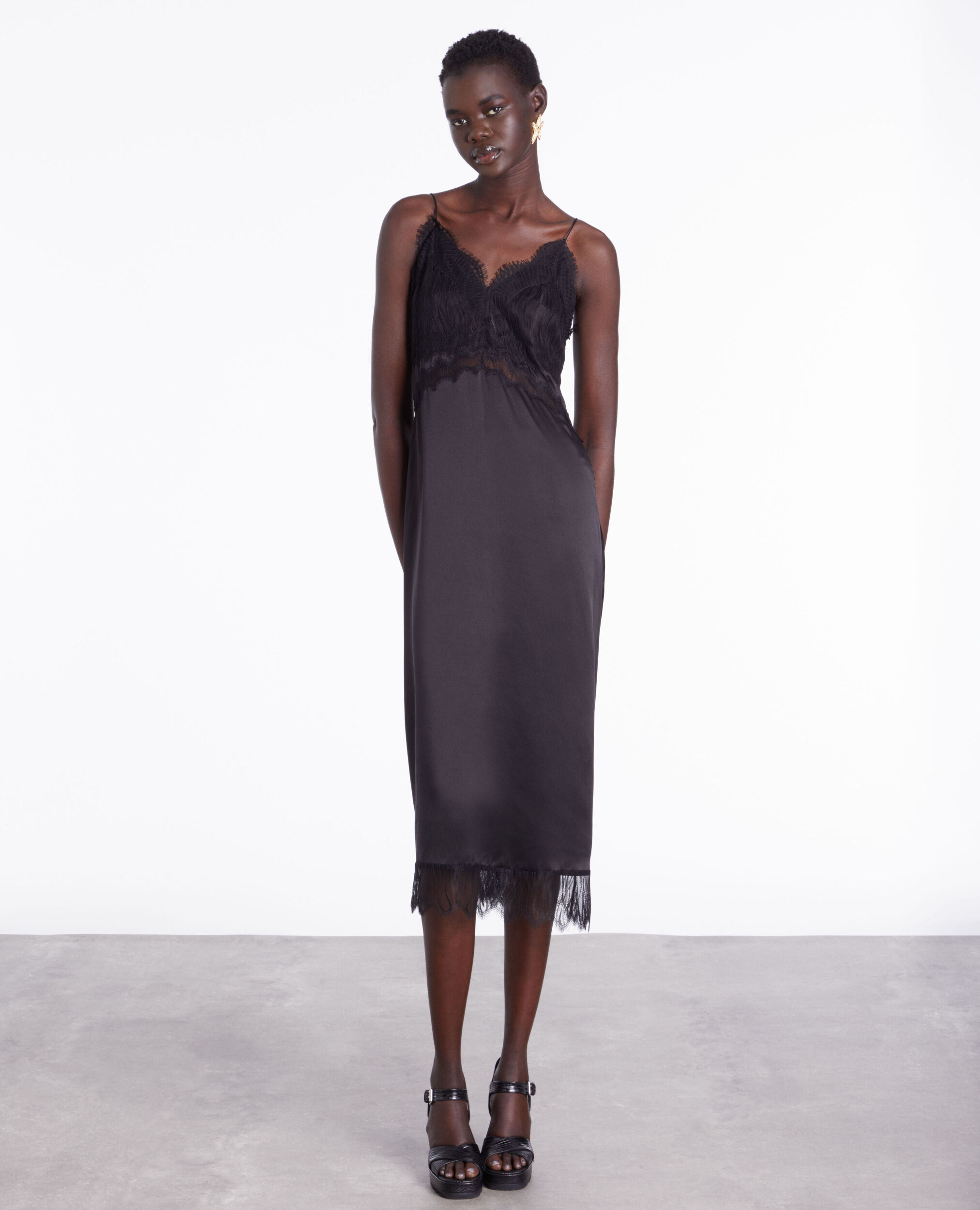 Long black silk slip dress with lace details BLACK