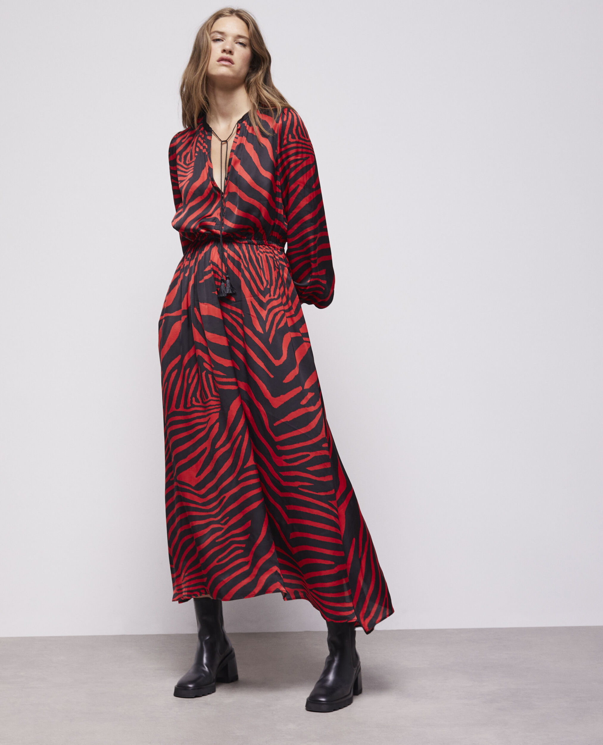 Long red printed dress BLACK - RED