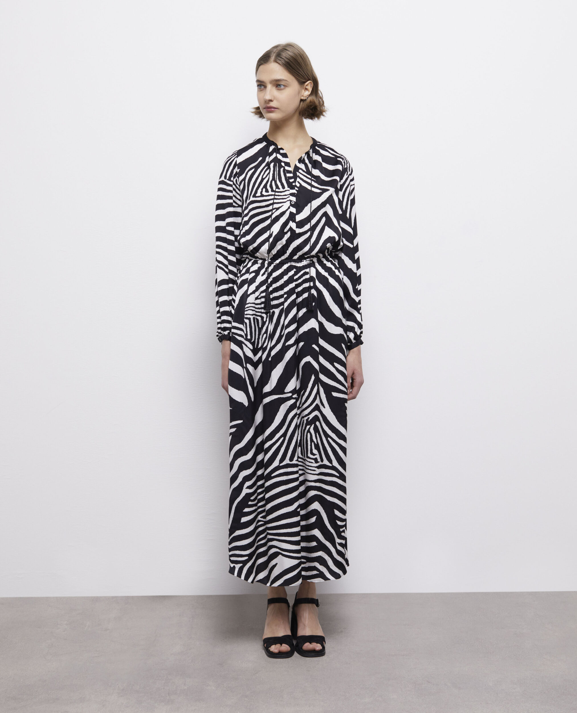 Long black printed dress BLACK WHITE
