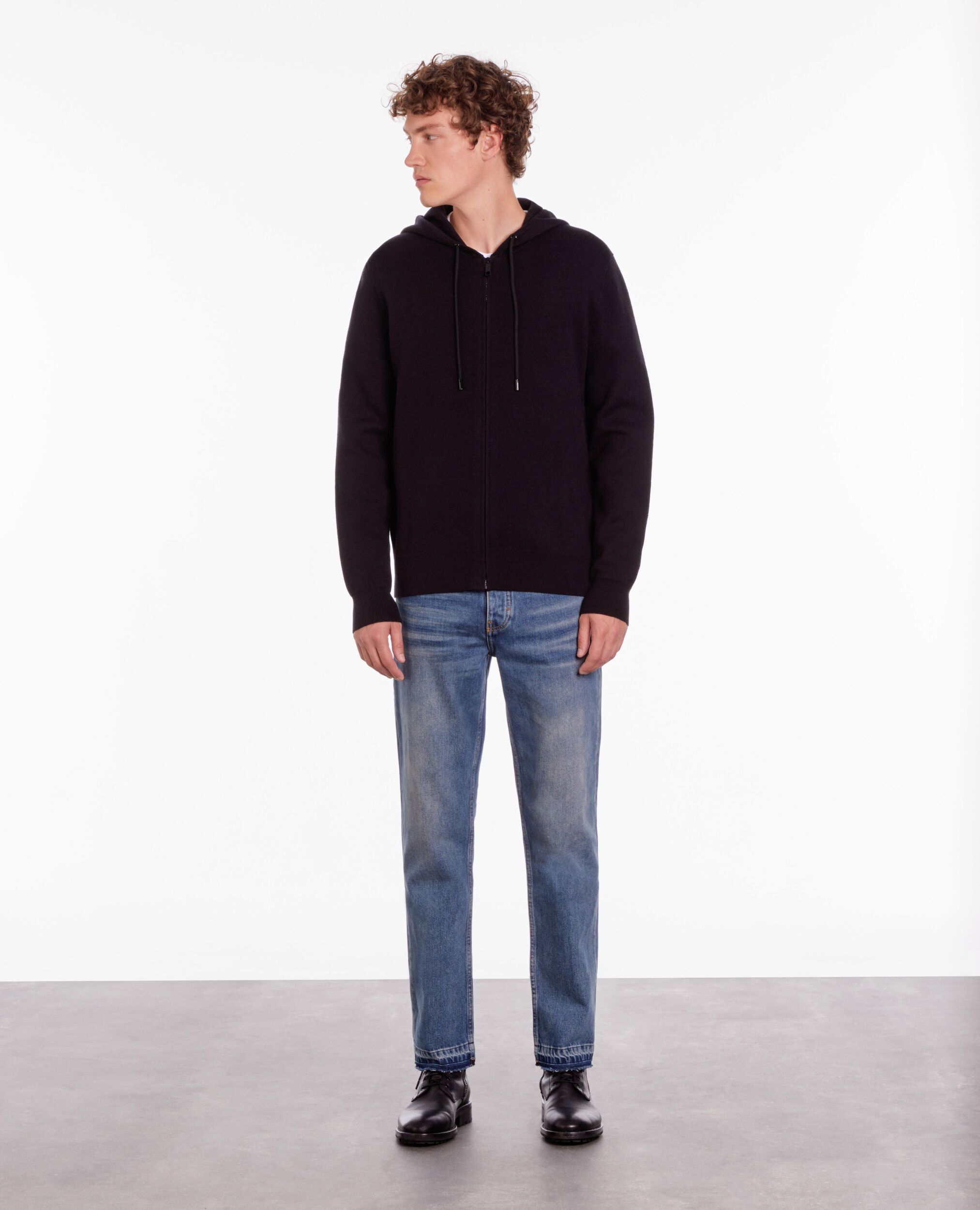 Black wool blend hooded cardigan BLACK - RED