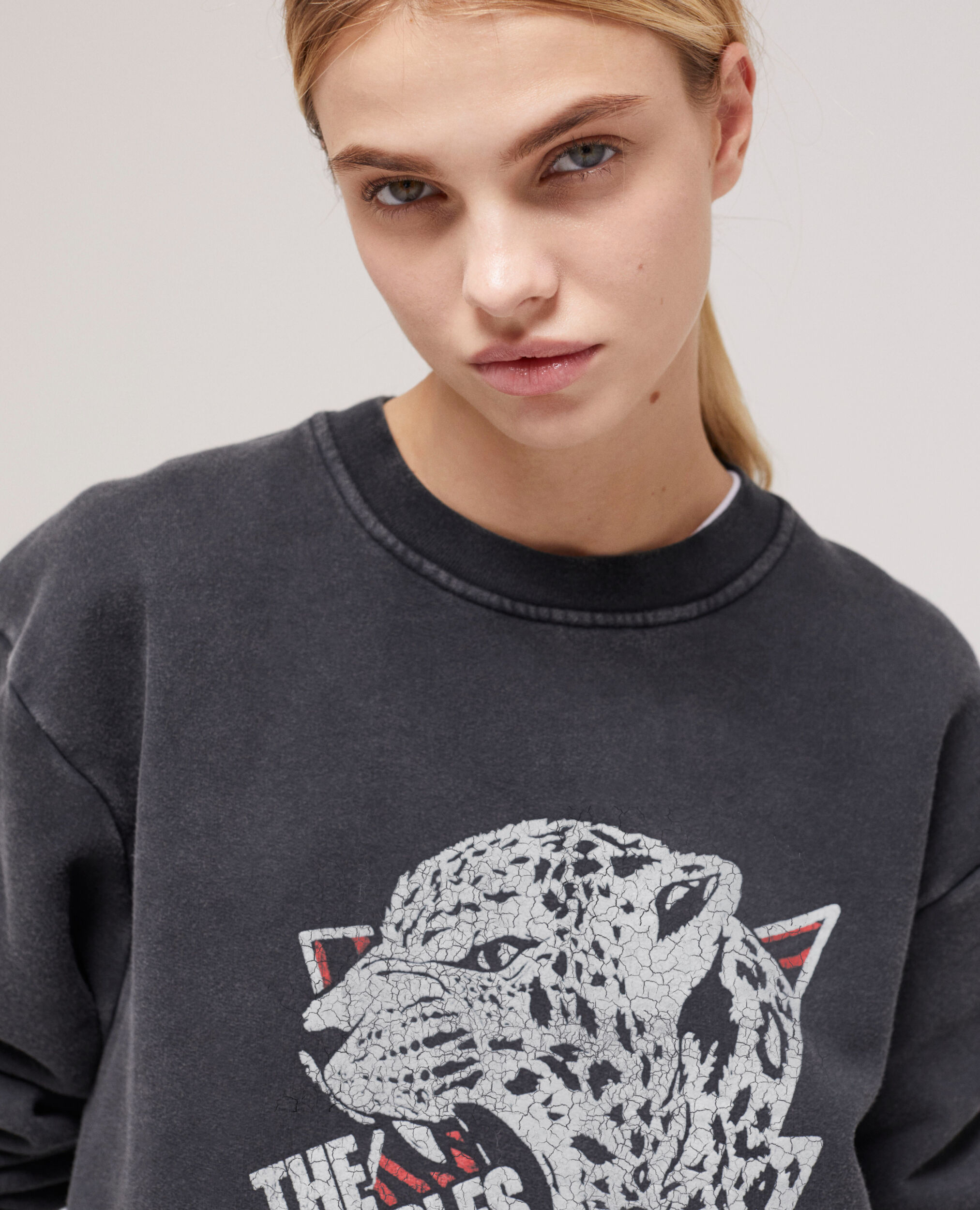 Black sweatshirt with a tiger screen print BLACK WASHED