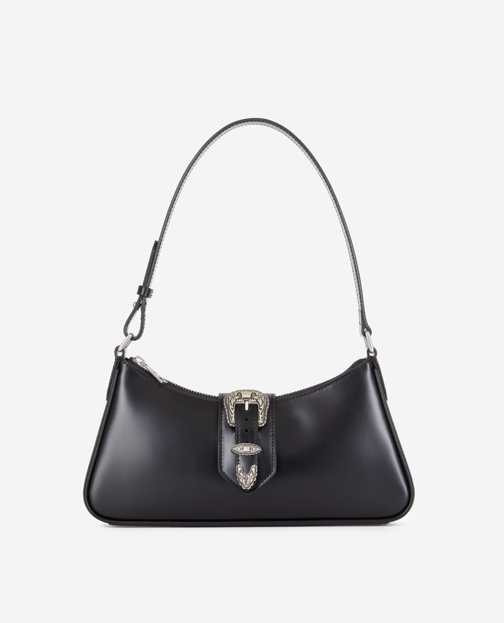 Black glazed leather baguette bag with Western buckle BLACK