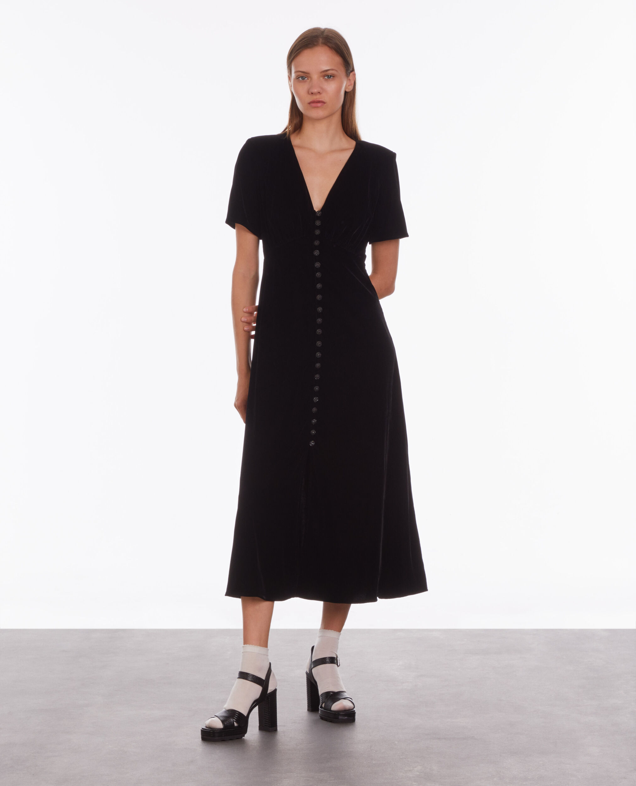 Long black velvet dress with buttoning BLACK