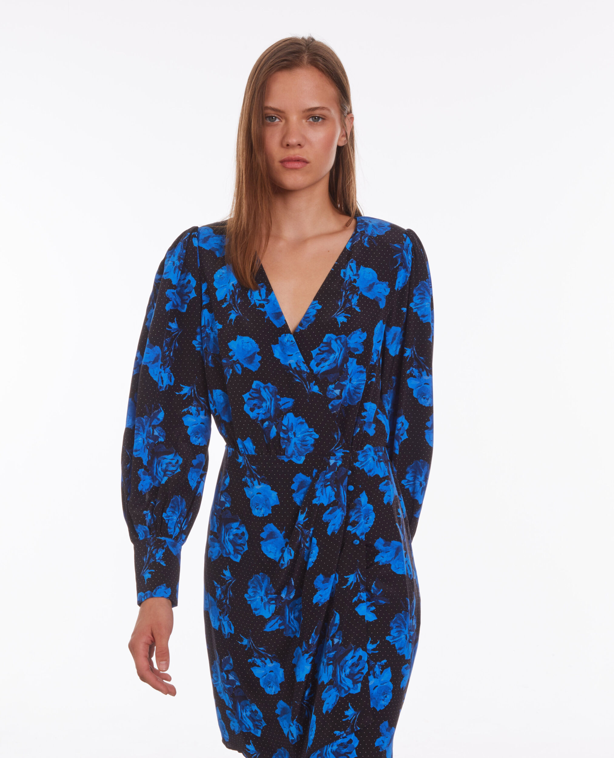 Short printed silk wrap dress BLACK BLUE