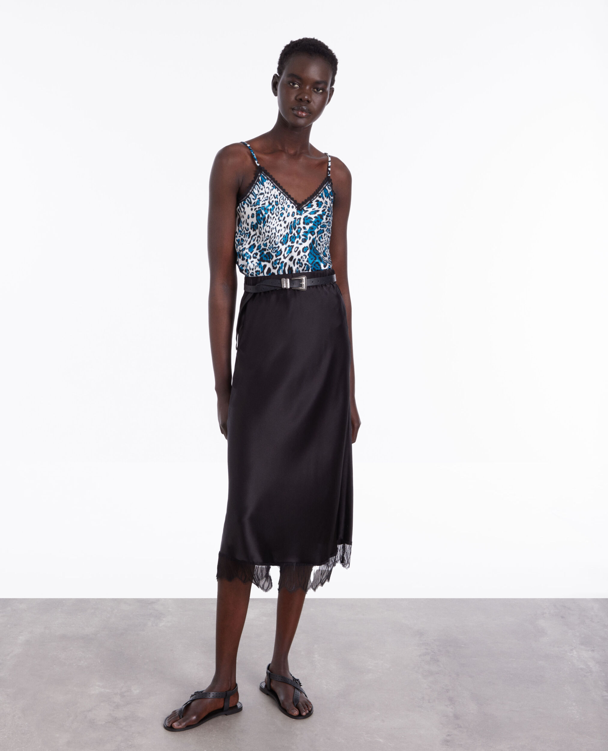 Printed silk camisole with lace details BLUE WHITE