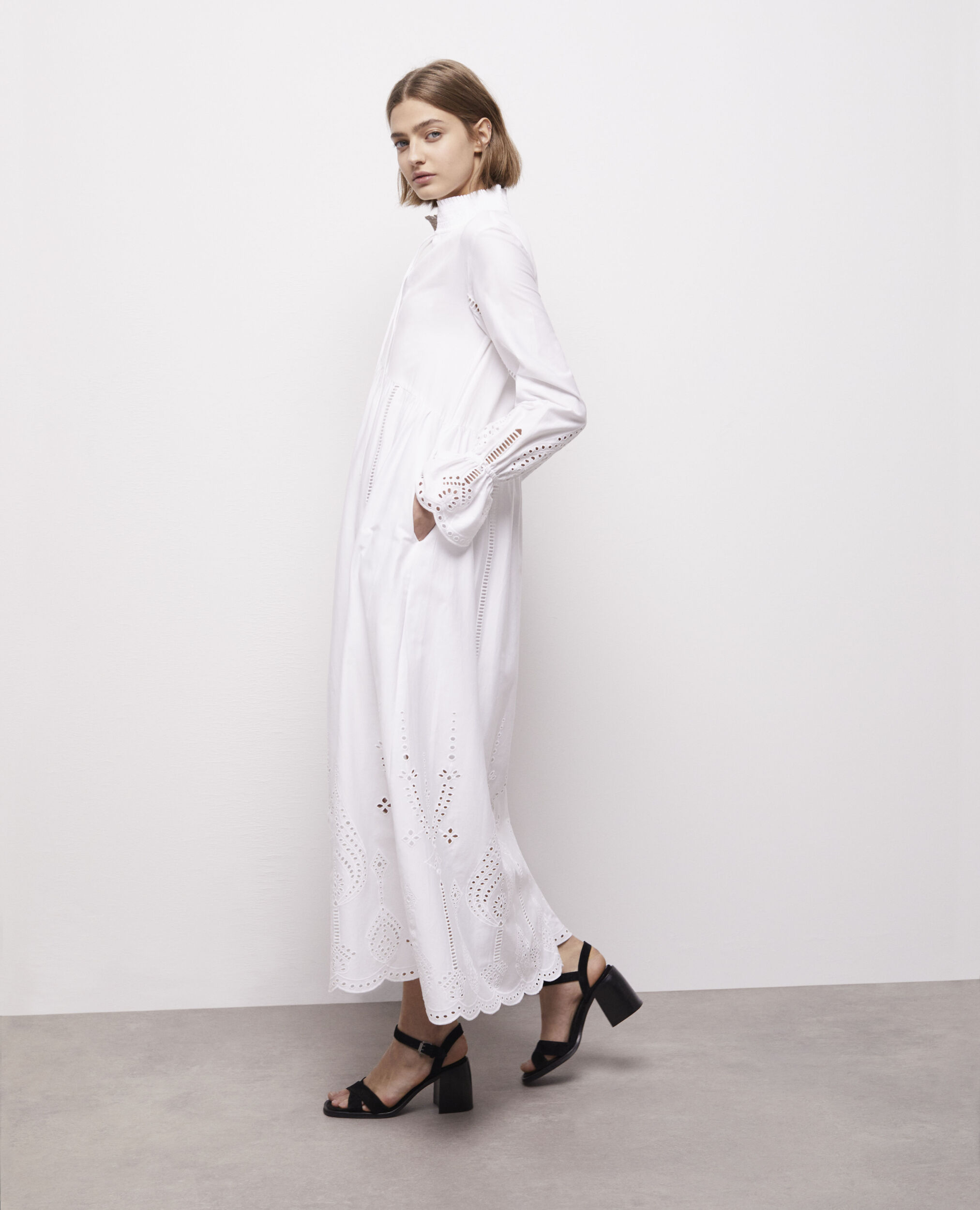 Long white dress with broderie anglaise WHITE