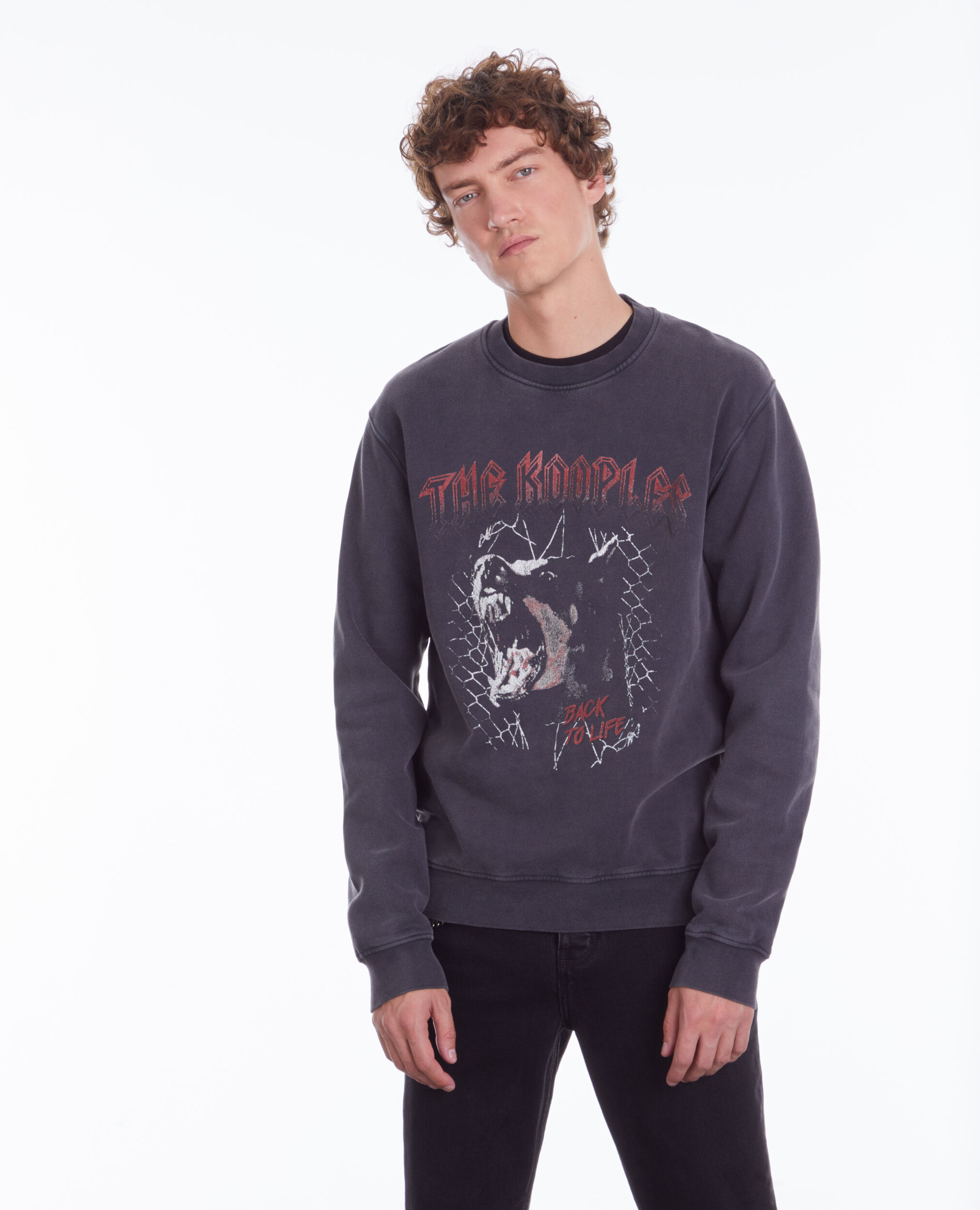 Black sweatshirt with Barking dog serigraphy BLACK WASHED