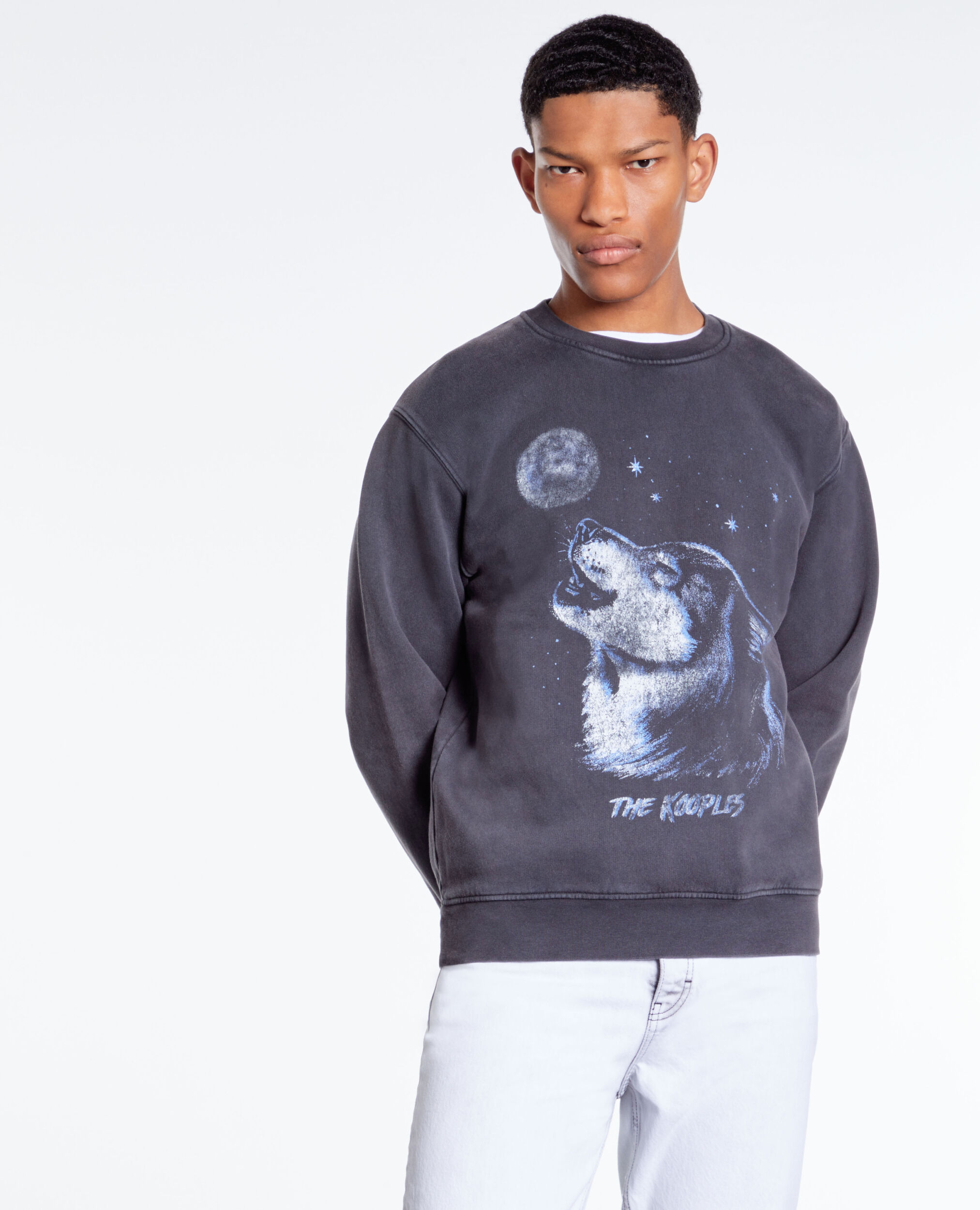 Black sweatshirt with Wolf serigraphy BLACK WASHED