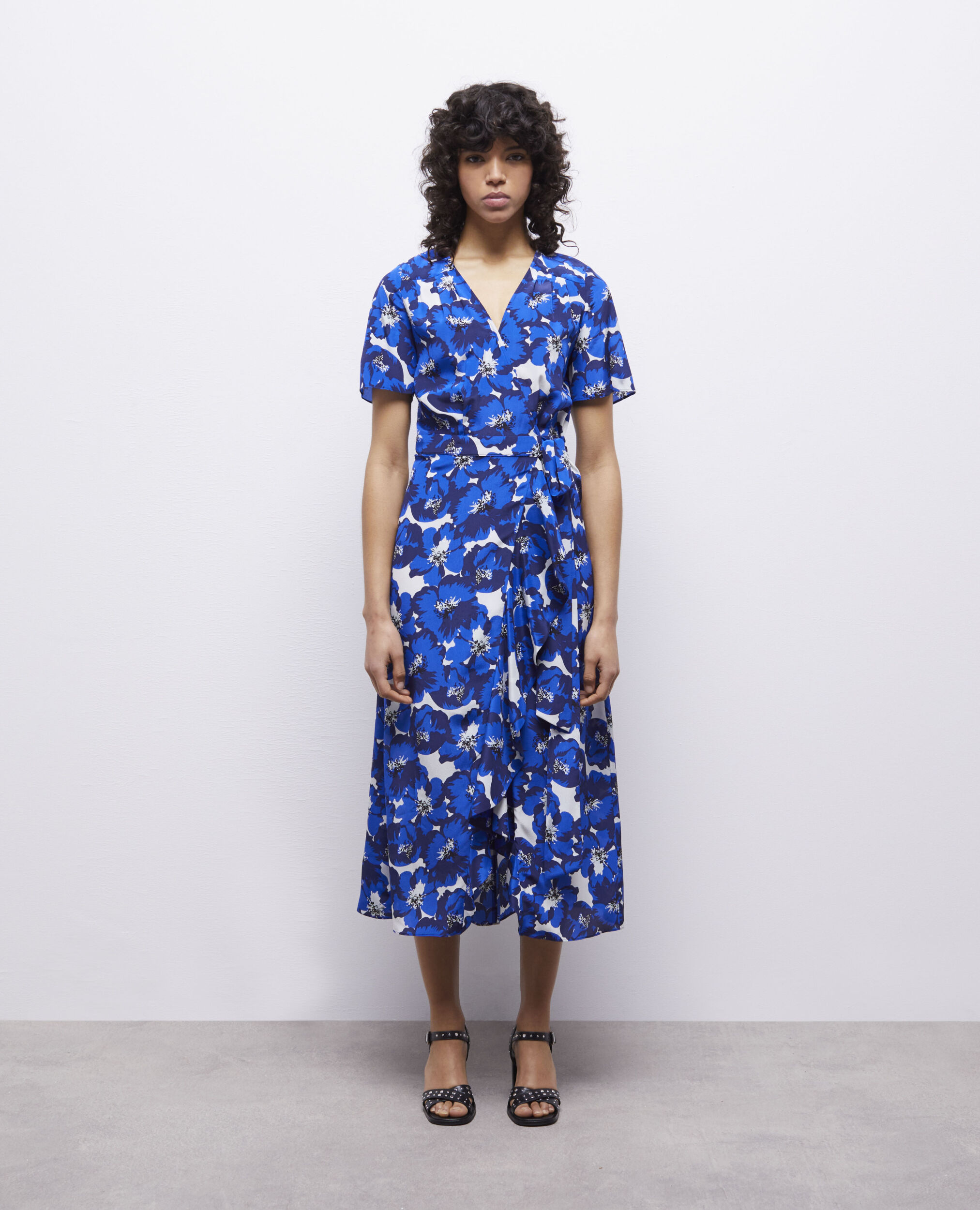 Long printed wrap silk dress BLUE