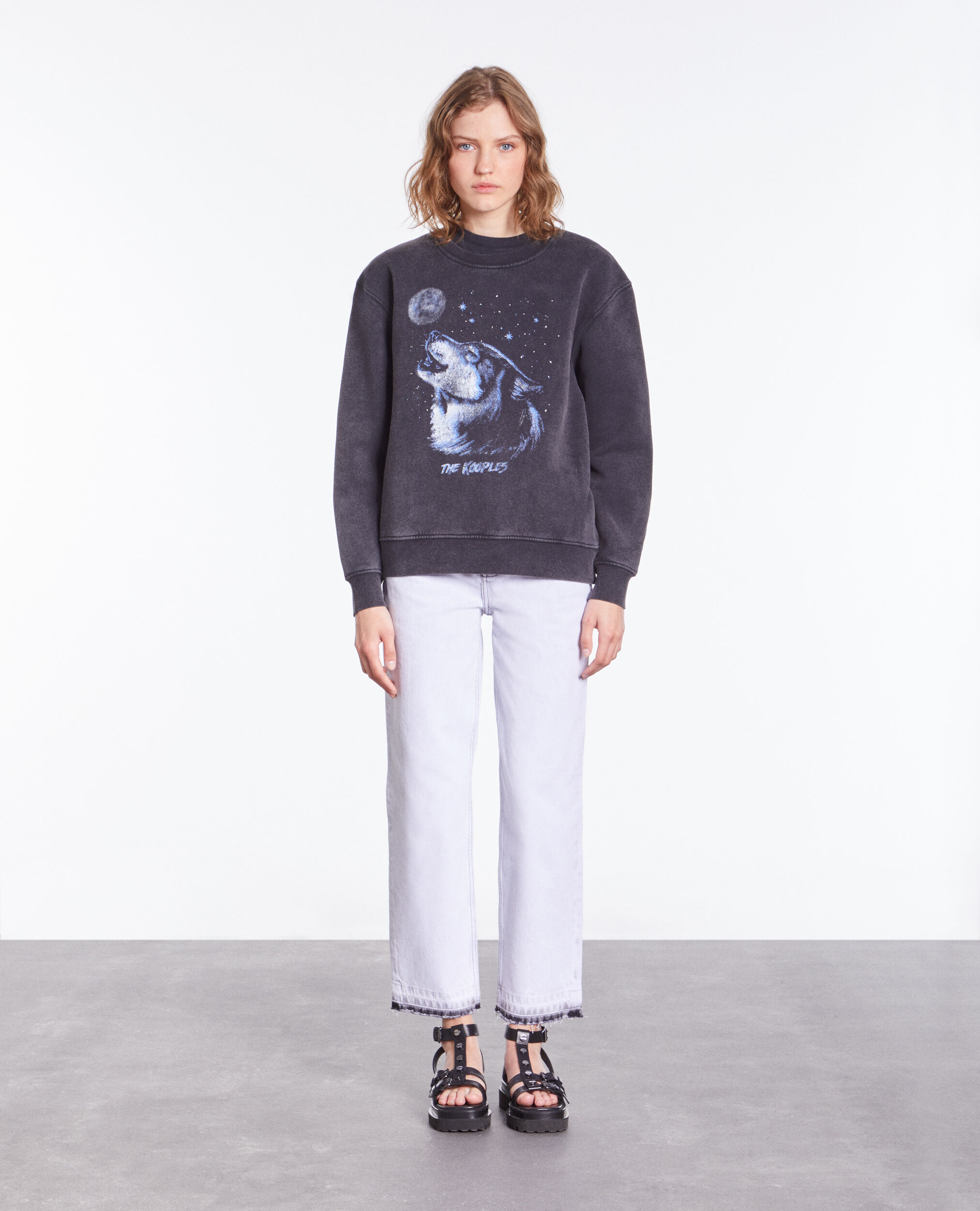 Black sweatshirt with Wolf serigraphy BLACK WASHED