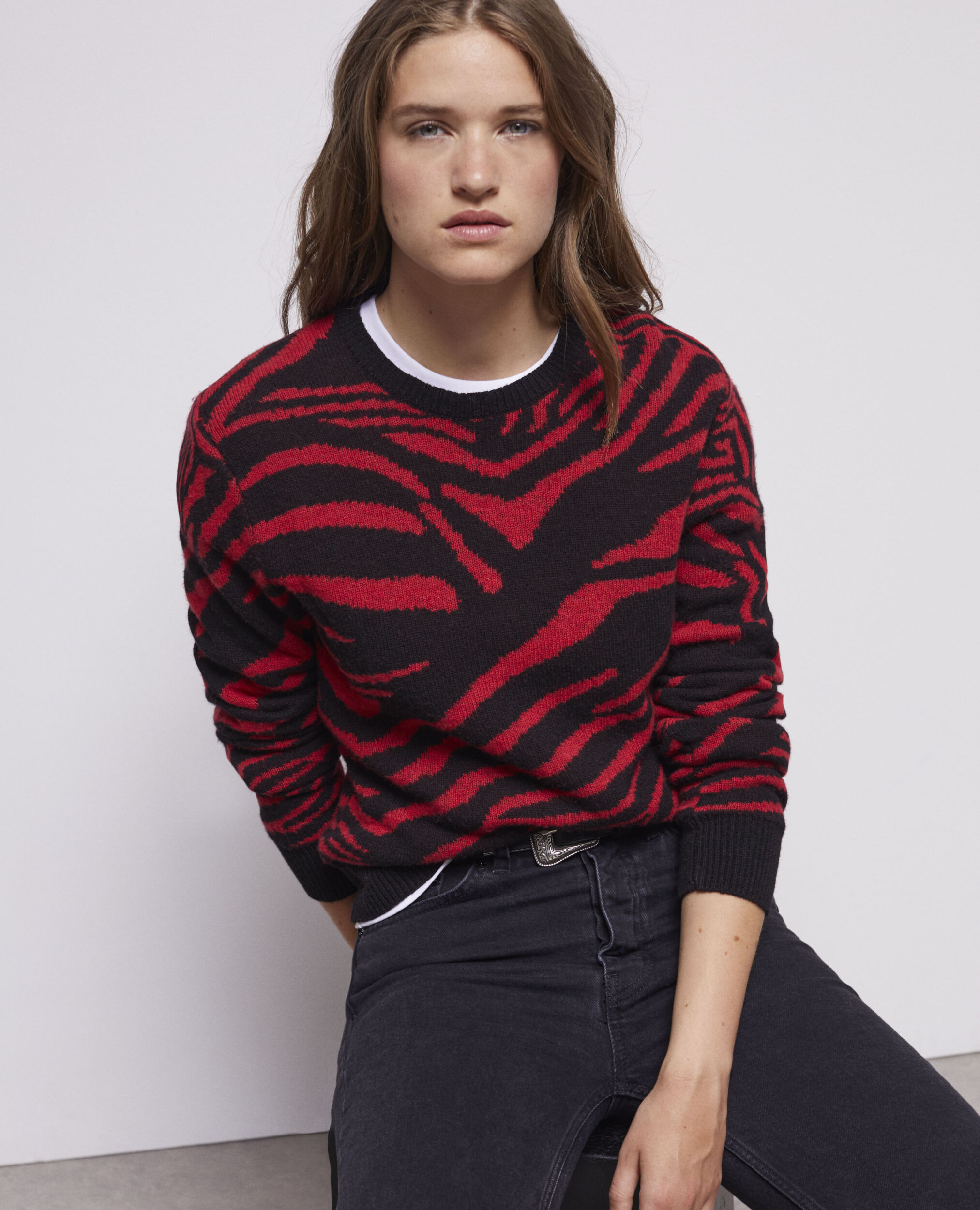 Printed crew neck sweater BLACK - RED
