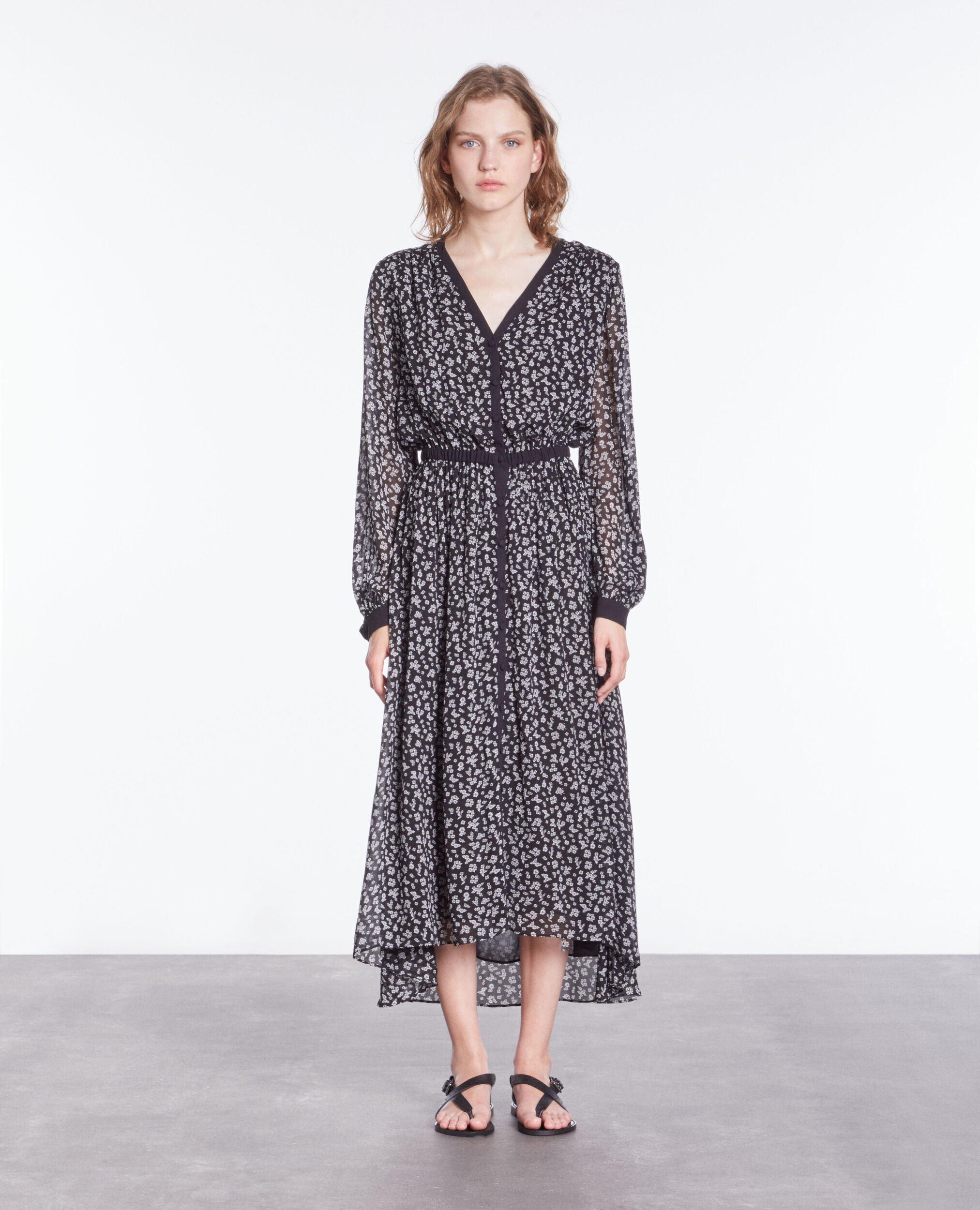Long printed dress with buttoning BLACK-ECRU
