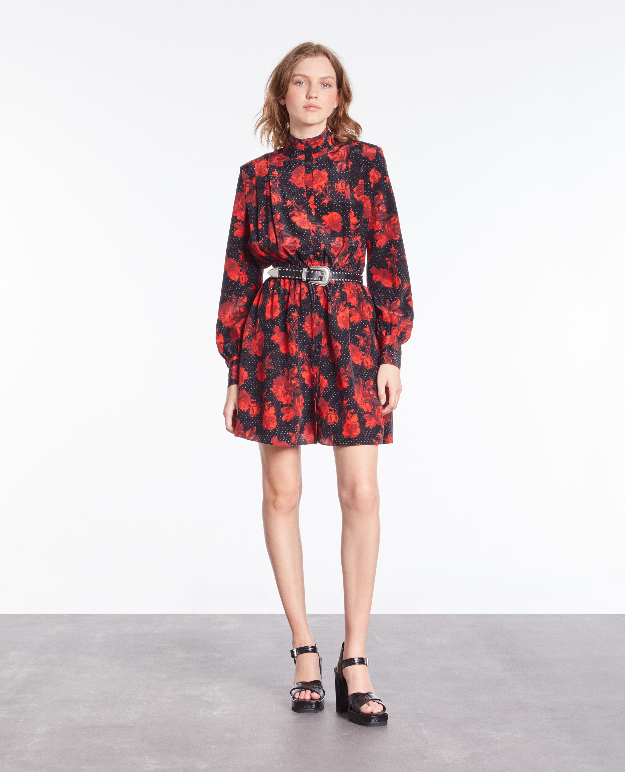 Short printed silk shirt dress BLACK - RED