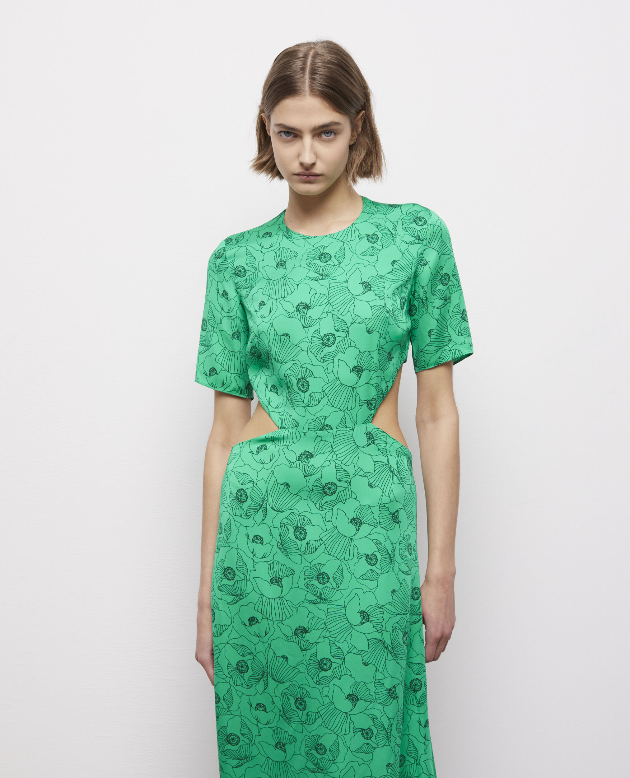 Long printed dress with cut-out details GREEN