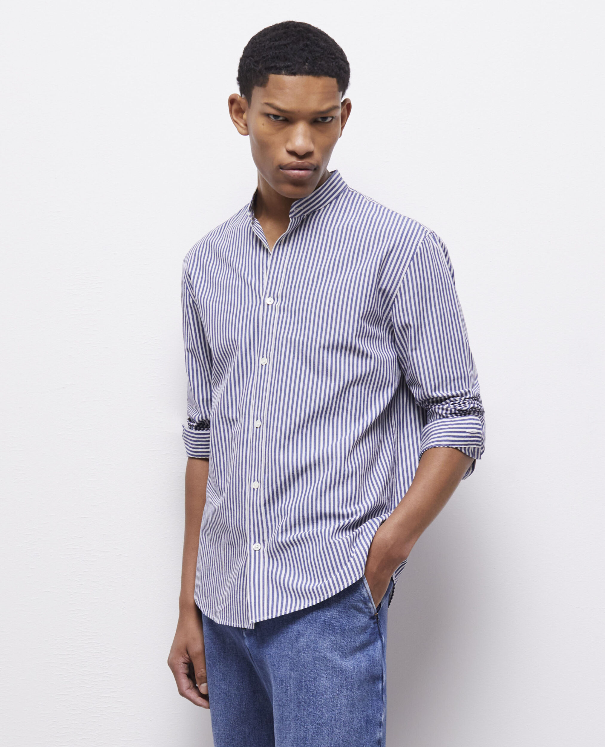 Blue-striped shirt with officer collar BLUE WHITE