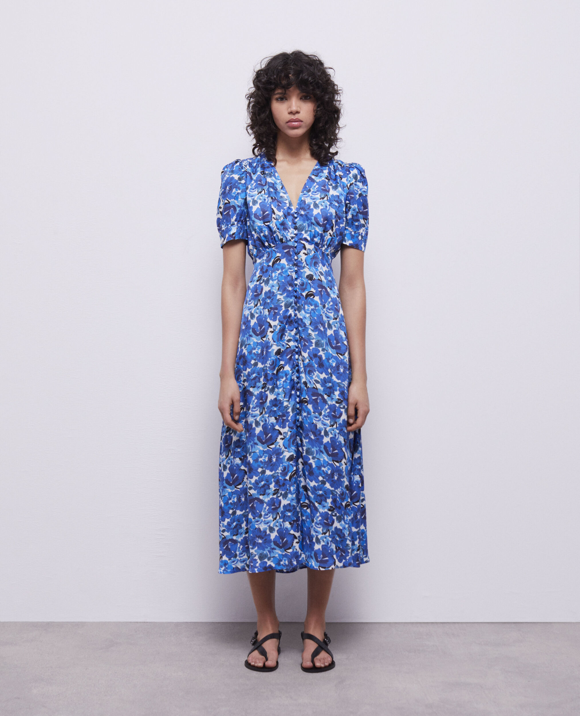 Long printed dress with buttons BLUE WHITE