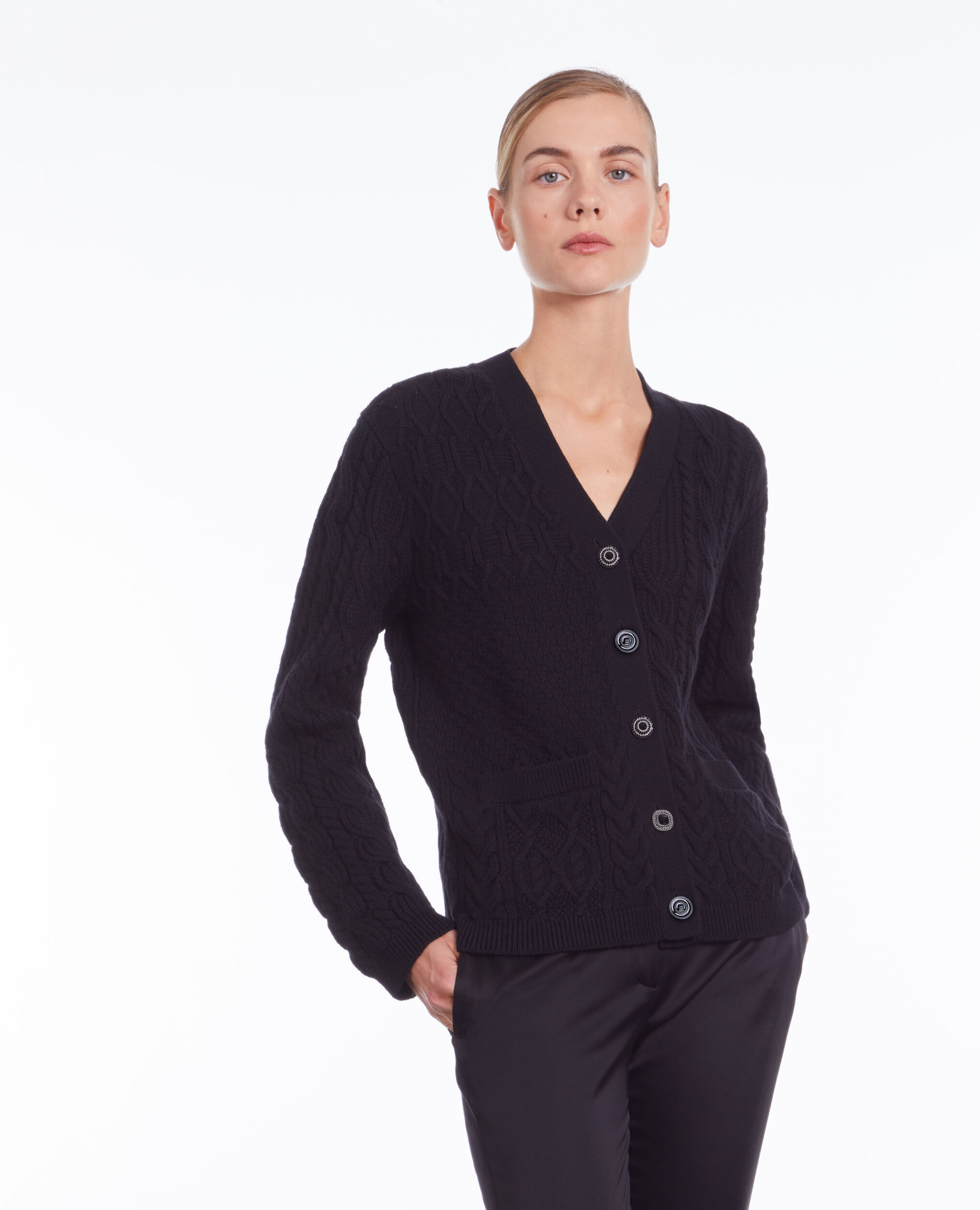 Black cable knit wool cardigan BLACK
