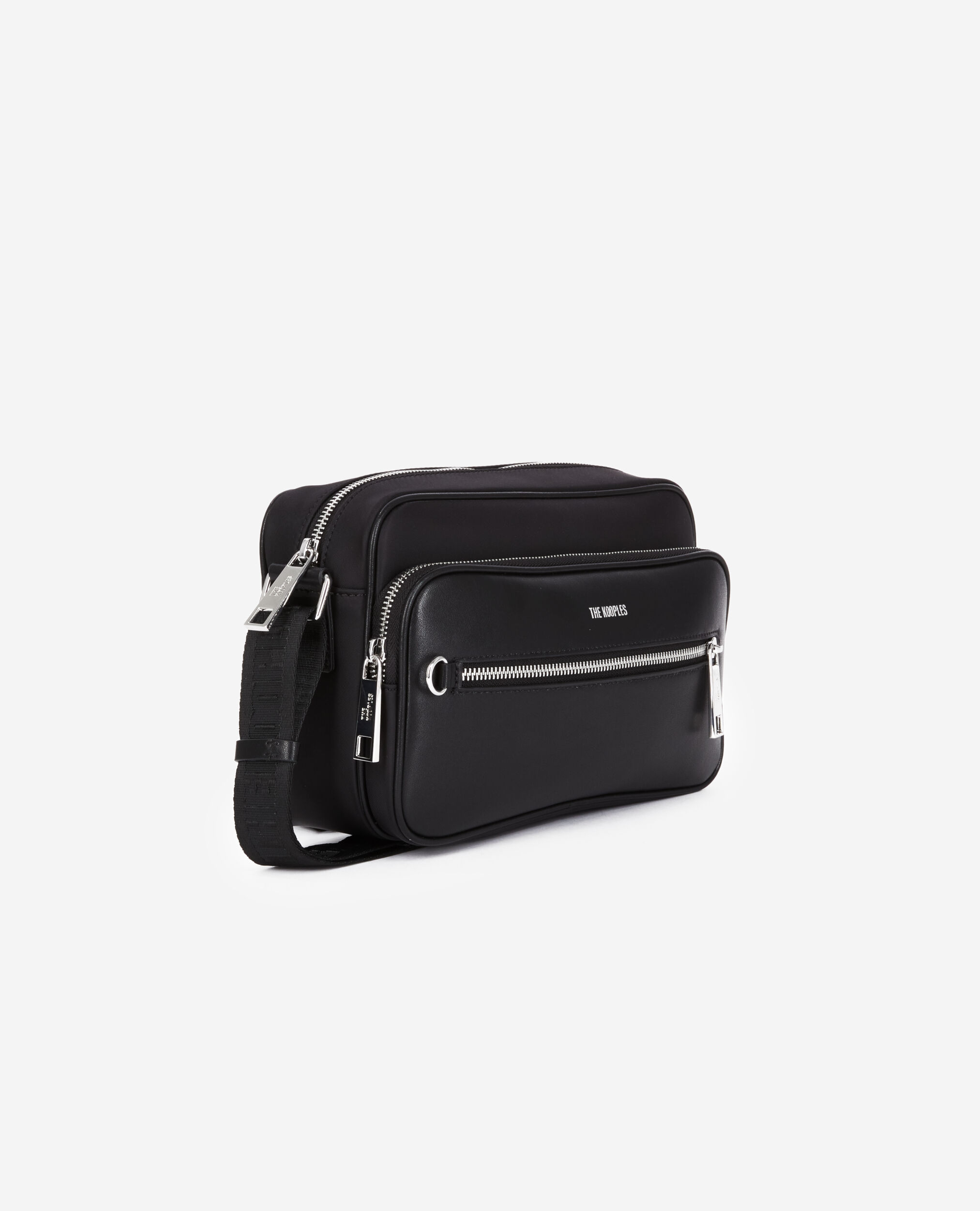 Messenger bag in black leather and nylon fiber BLACK