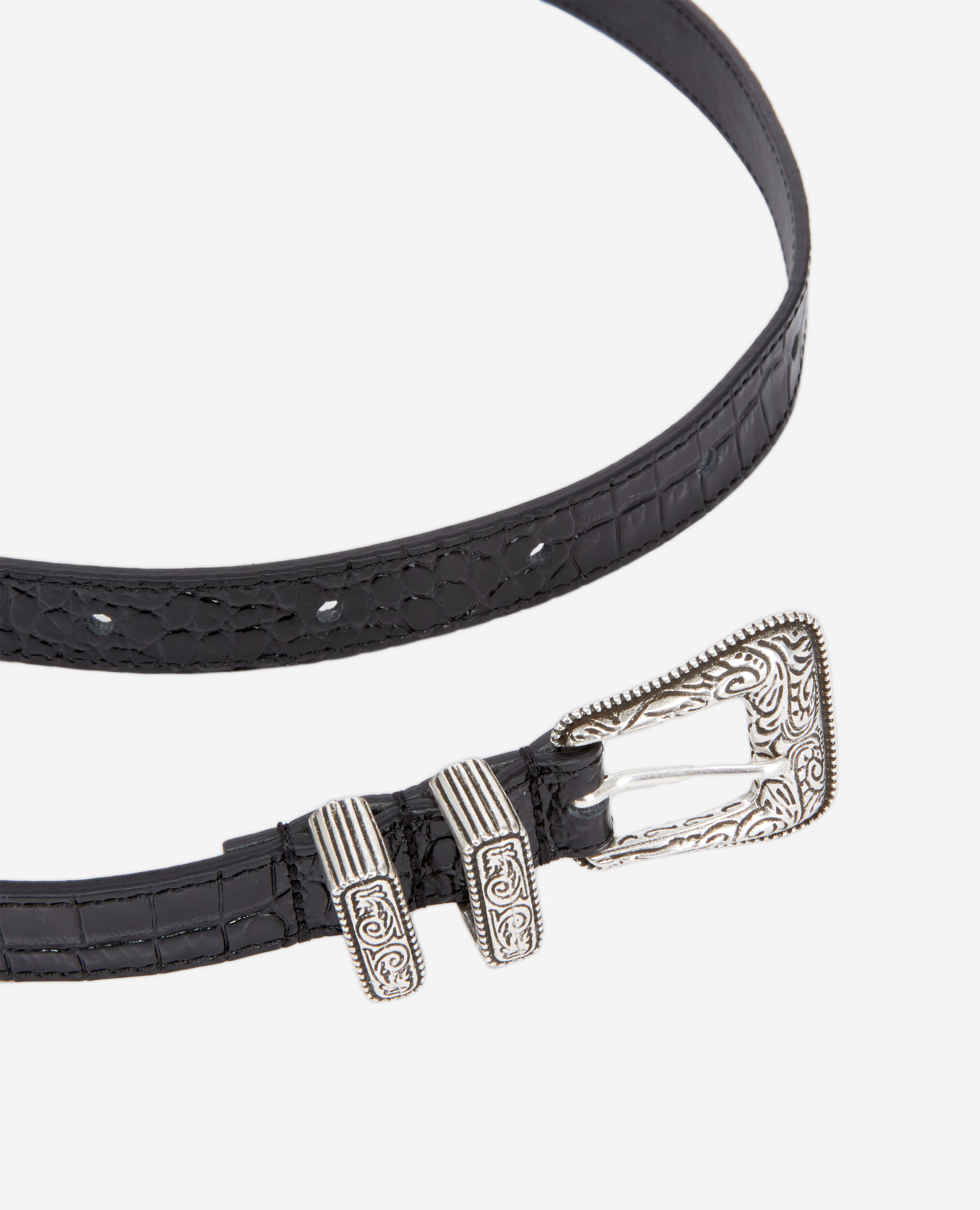 Black crocodile effect leather belt with Western buckle BLACK