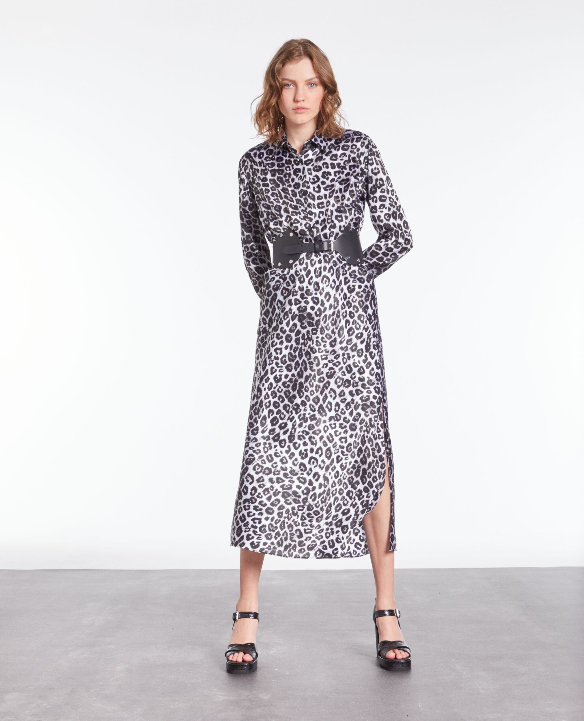 Long printed silk skirt BLACK WHITE LEOPARD