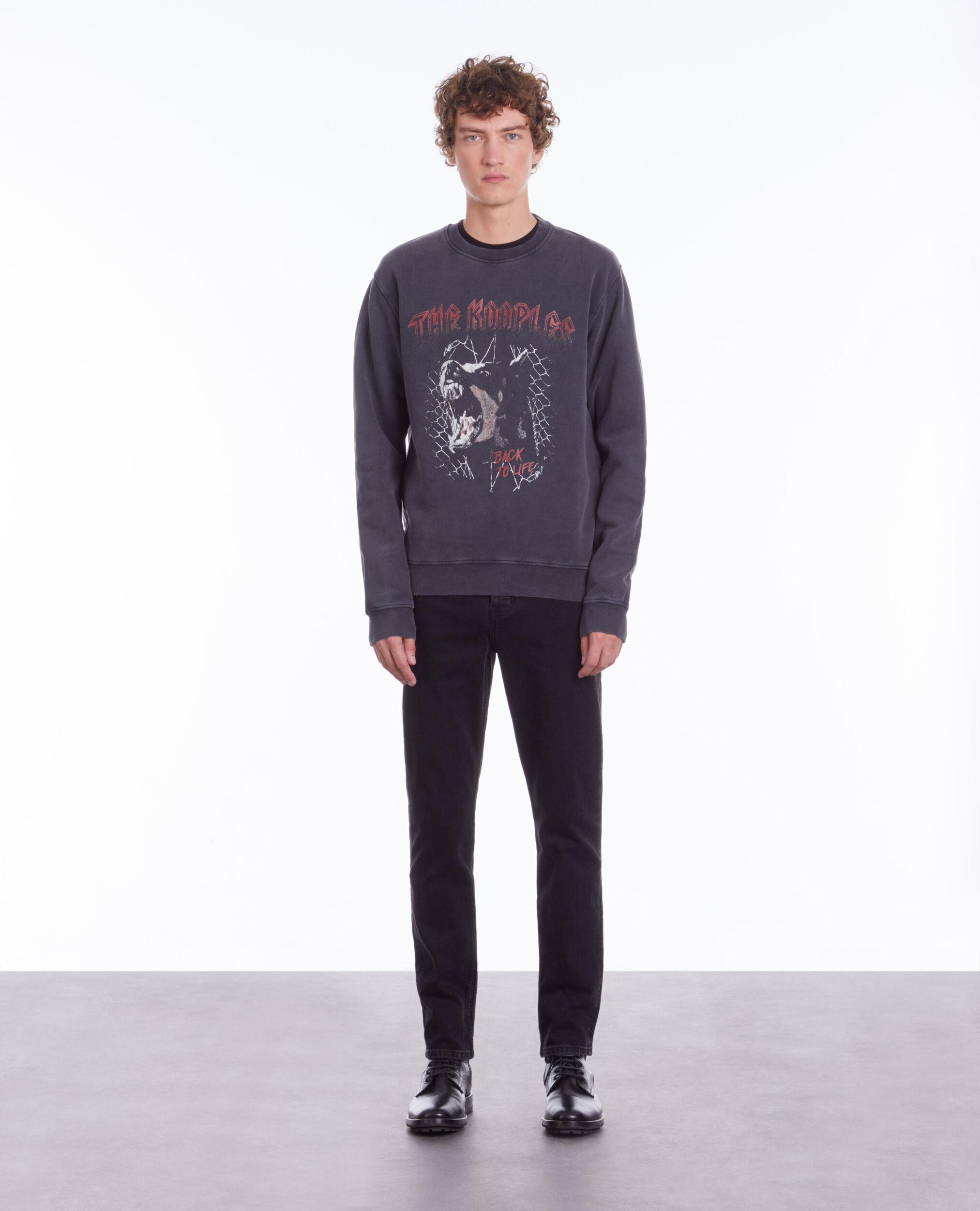 Black sweatshirt with Barking dog serigraphy BLACK WASHED
