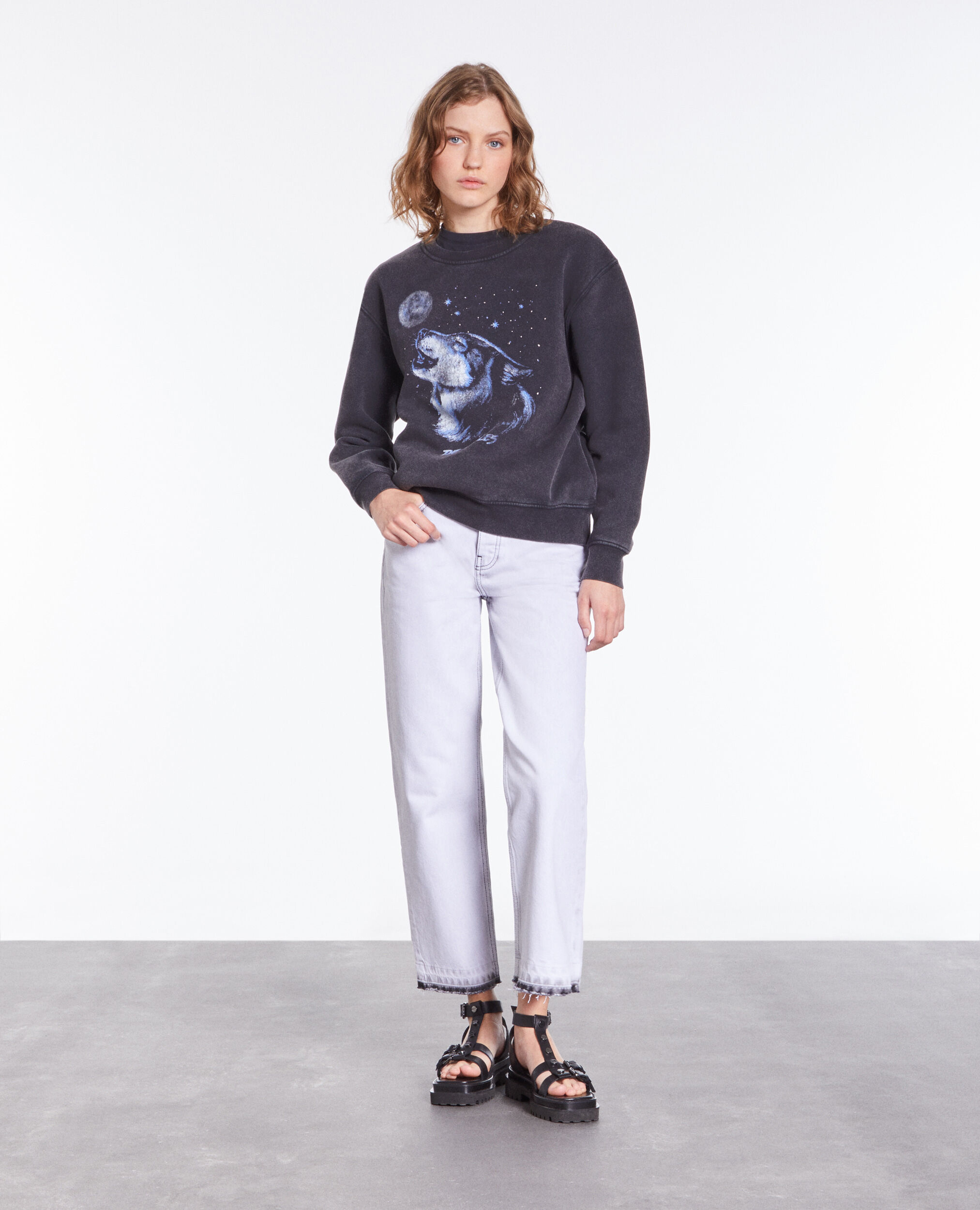 Black sweatshirt with Wolf serigraphy BLACK WASHED