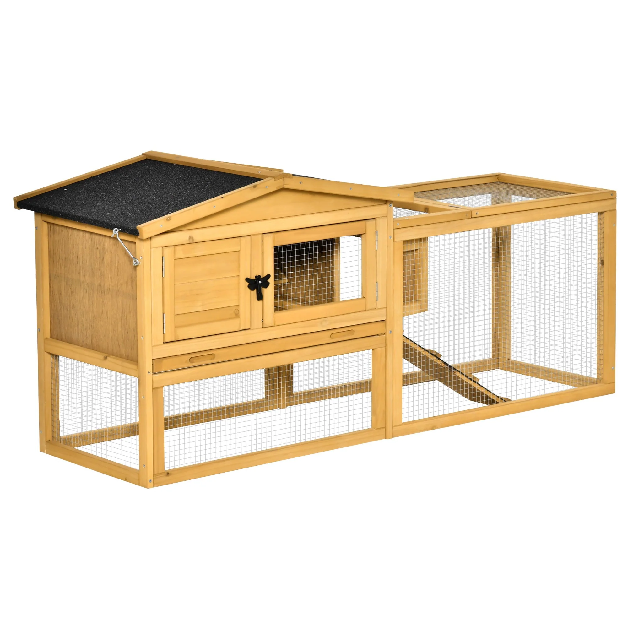 Pawhut Solid Wood Rabbit Hutch with 2 House Levels and Patio Space