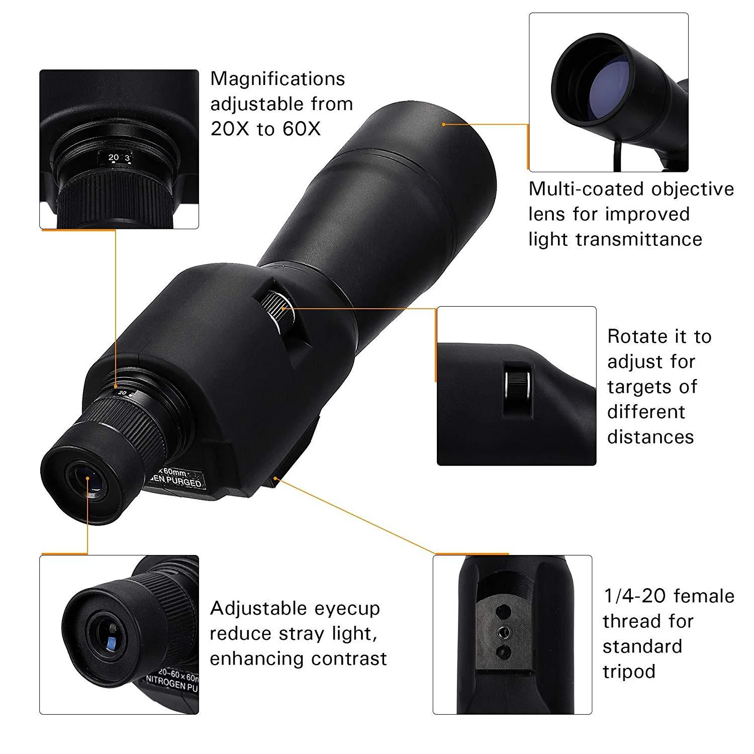 20-60*60mm Waterproof Straight Spotting Scope with Tripod & Cellphone Mount