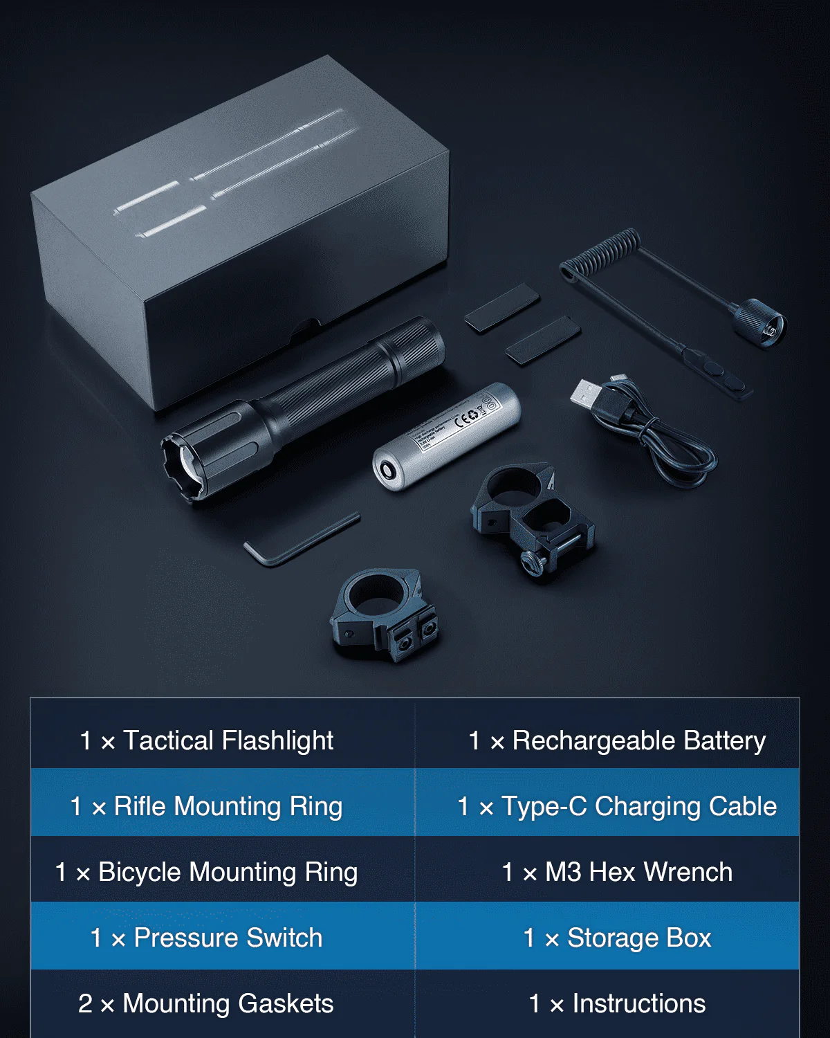 3000 Lumen Tactical Flashlight with Pressure Switch & Mounting Rings, 5 Brightness Levels & Strobe Mode