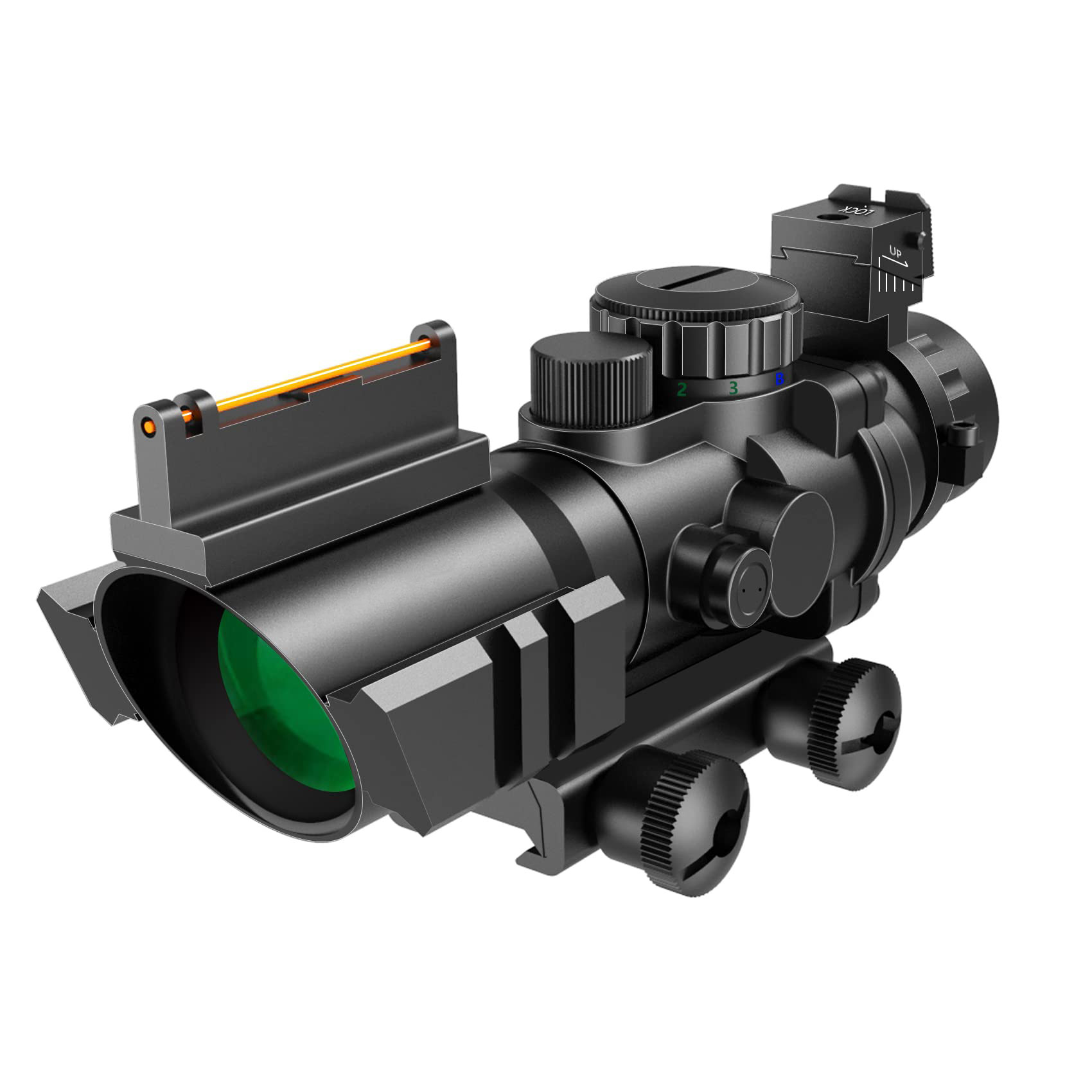 XYSIGHT Prism 4x32 Red/Green/Blue Triple Illuminated Rapid Range Reticle Rifle Scope W/Top Fiber Optic Sight and Weaver Slots