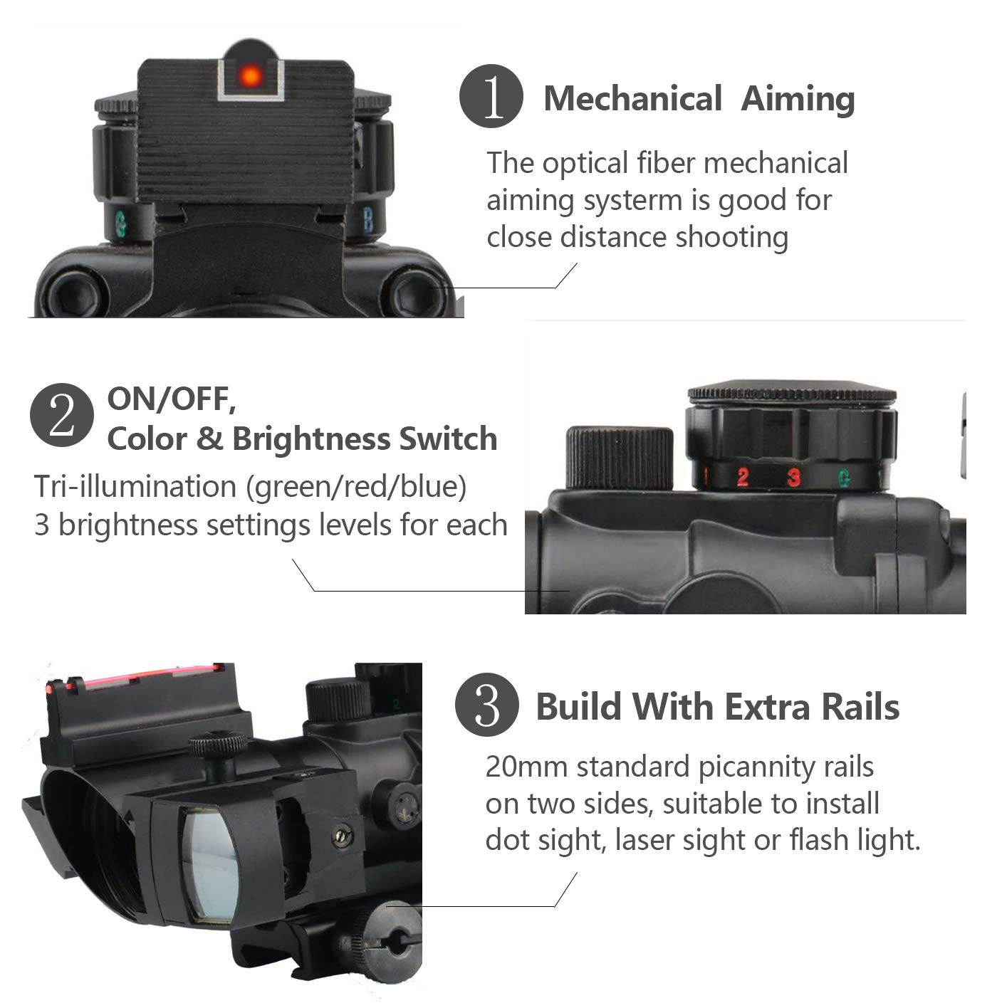 XYSIGHT Prism 4x32 Red/Green/Blue Triple Illuminated Rapid Range Reticle Rifle Scope W/Top Fiber Optic Sight and Weaver Slots