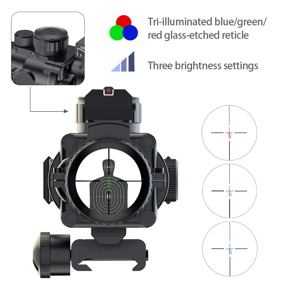 XYSIGHT Prism 4x32 Red/Green/Blue Triple Illuminated Rapid Range Reticle Rifle Scope W/Top Fiber Optic Sight and Weaver Slots