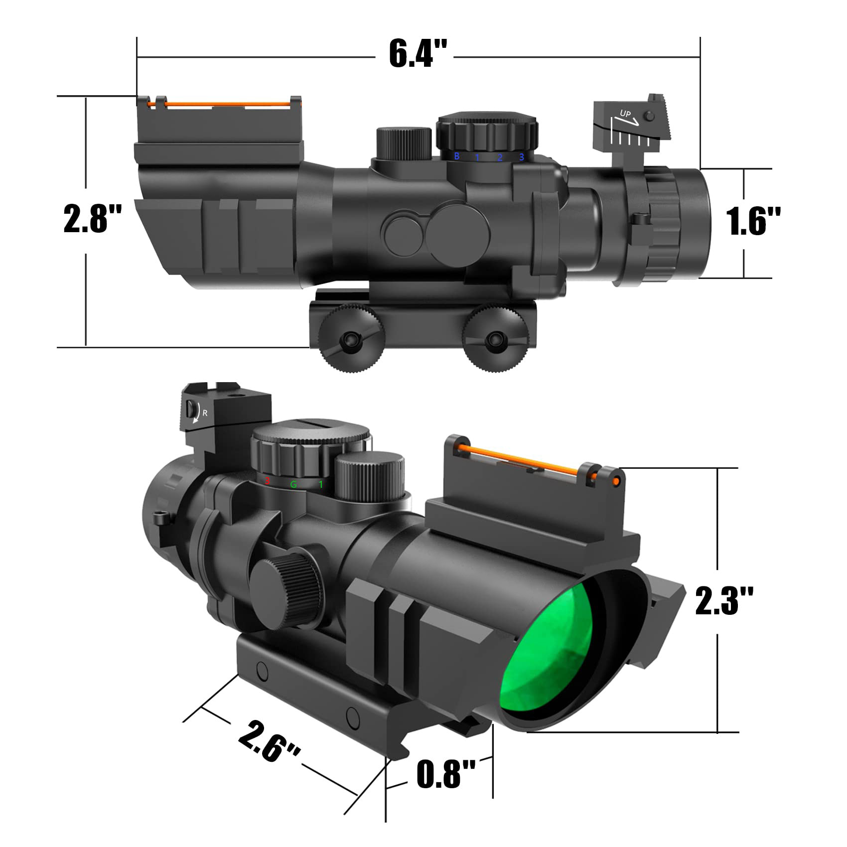 XYSIGHT Prism 4x32 Red/Green/Blue Triple Illuminated Rapid Range Reticle Rifle Scope W/Top Fiber Optic Sight and Weaver Slots