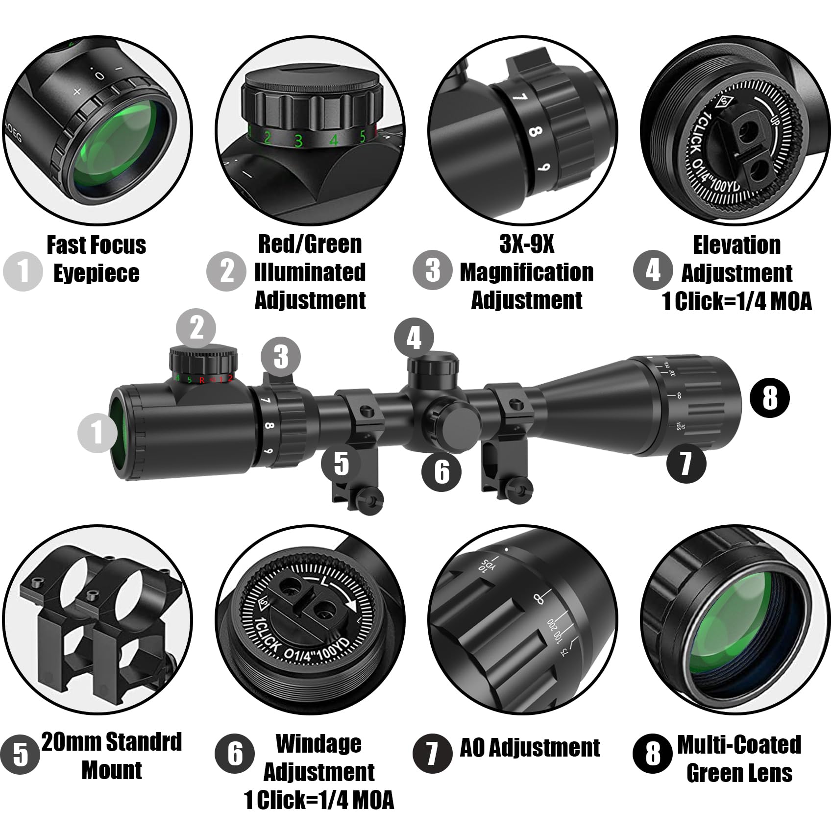 XYSIGHT 3-9x40 AO Rifle Scope with Red & Green Illumination