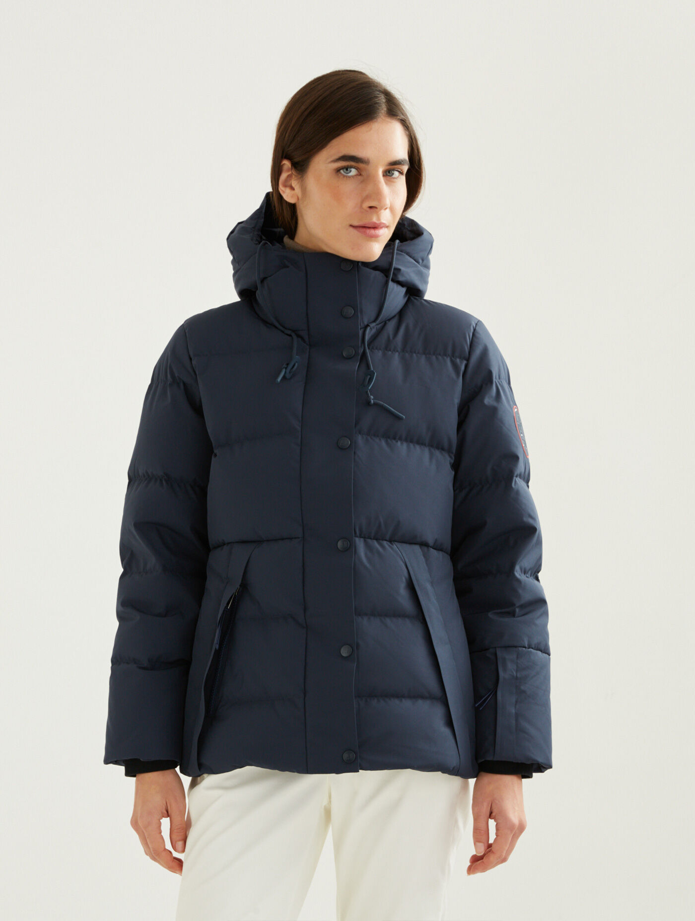 Gore-Tex&reg; mid-length quilted hooded down ski jacket