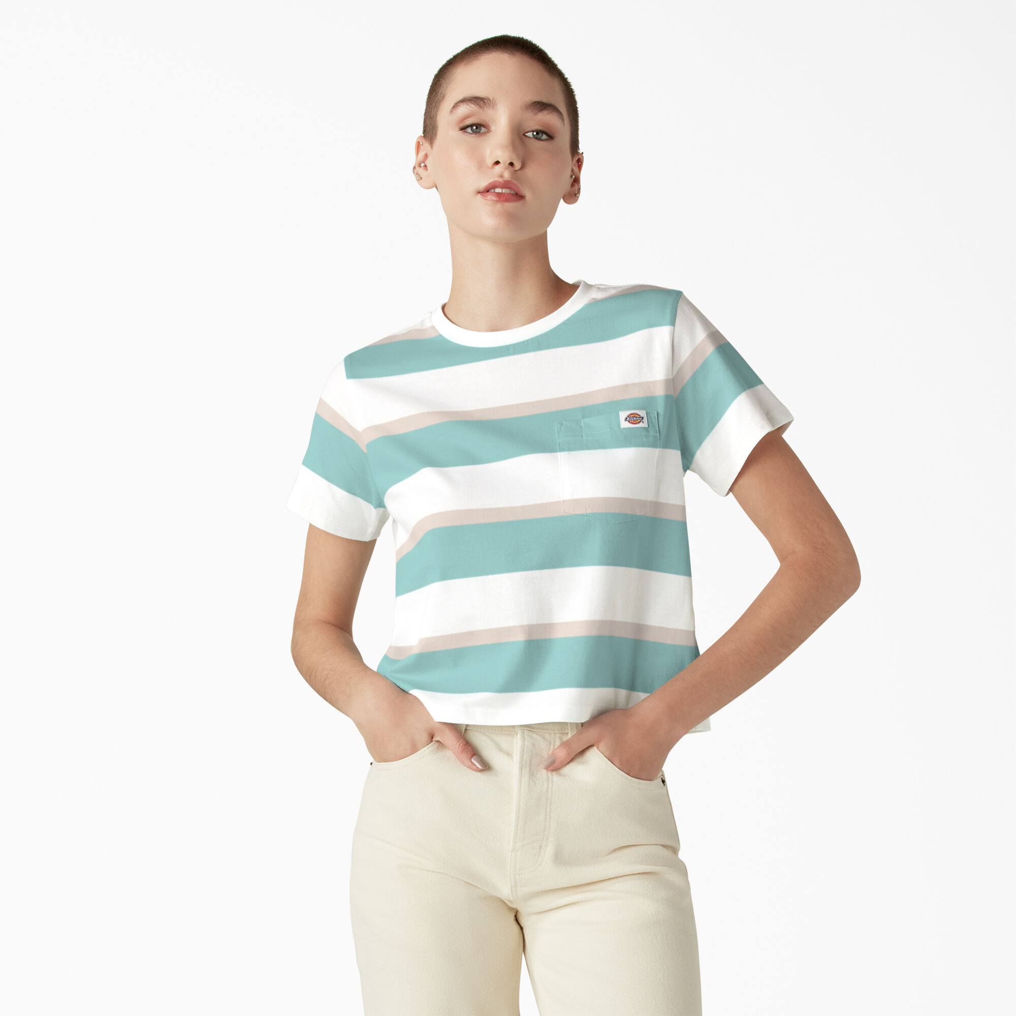Women's Large Striped Cropped Pocket T-Shirt