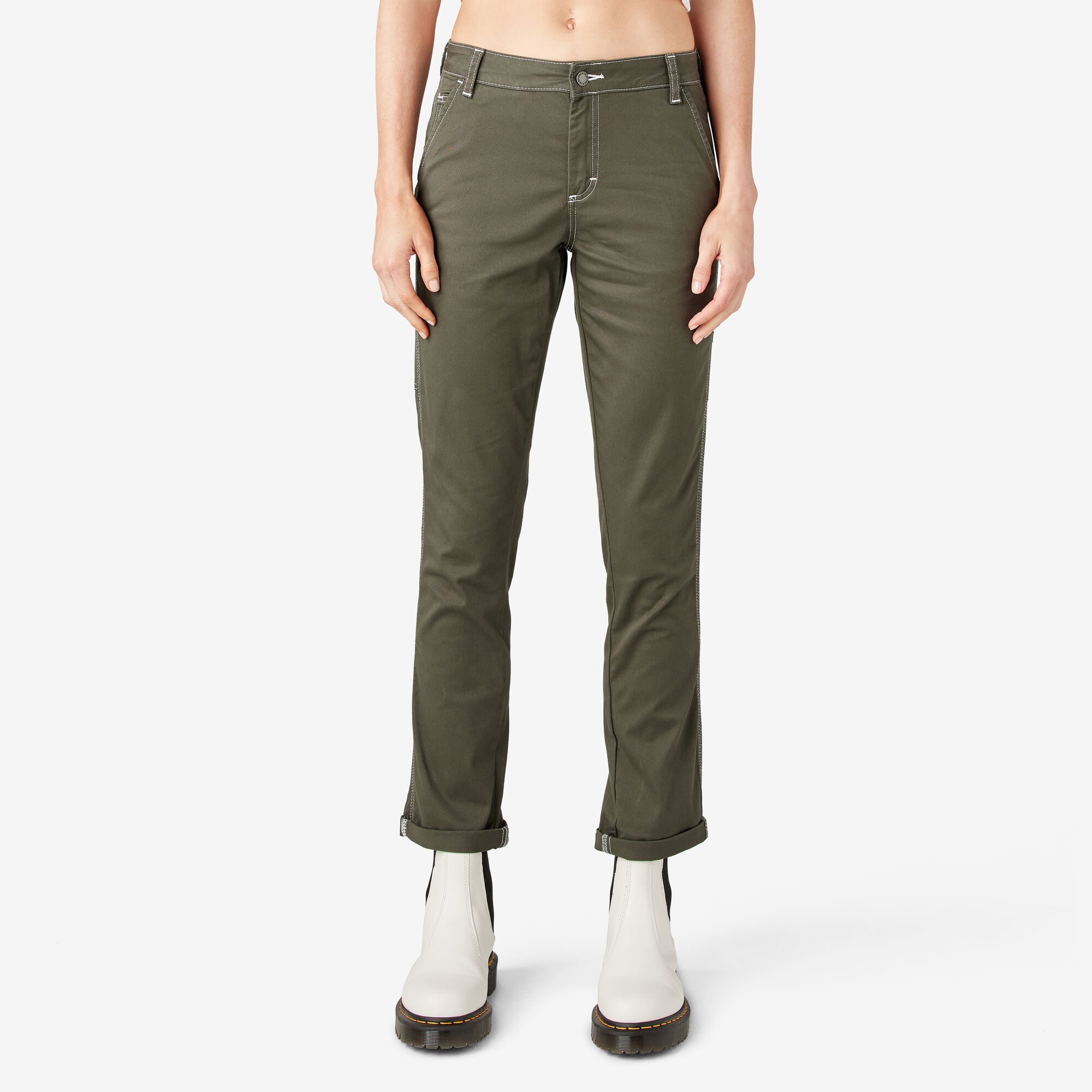 Women's Slim Straight Fit Roll Hem Carpenter Pants, Olive Green