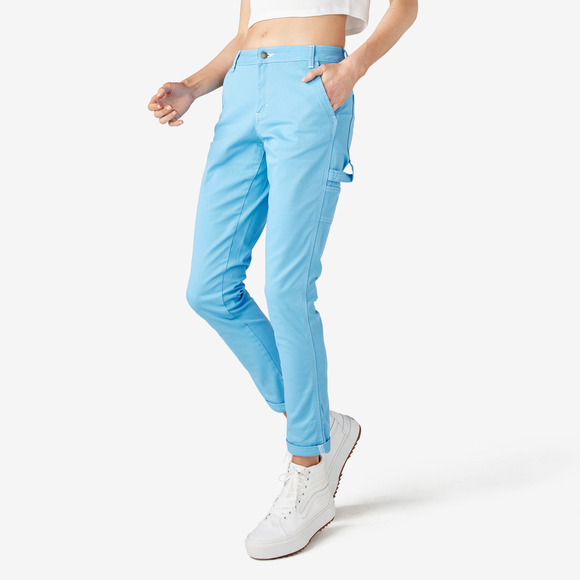 Women's Slim Straight Fit Roll Hem Carpenter Pants, Azure Blue