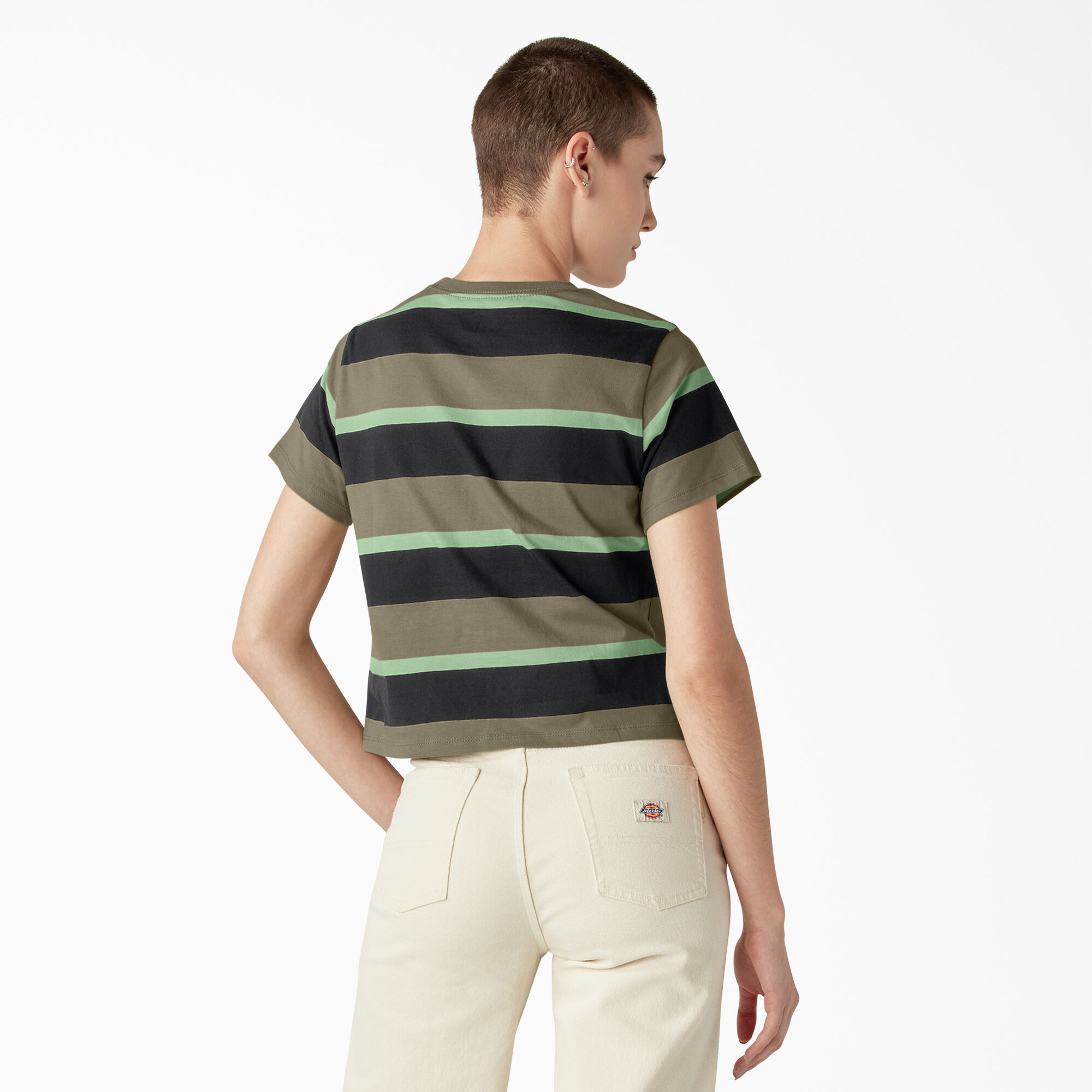 Women's Large Striped Cropped Pocket T-Shirt