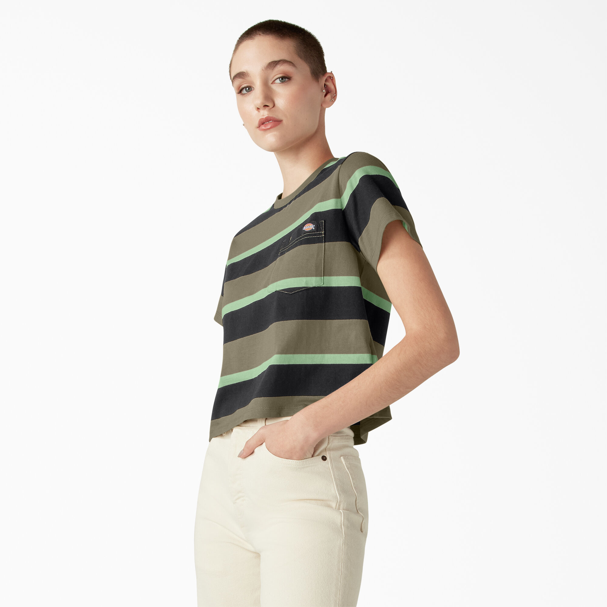 Women's Large Striped Cropped Pocket T-Shirt